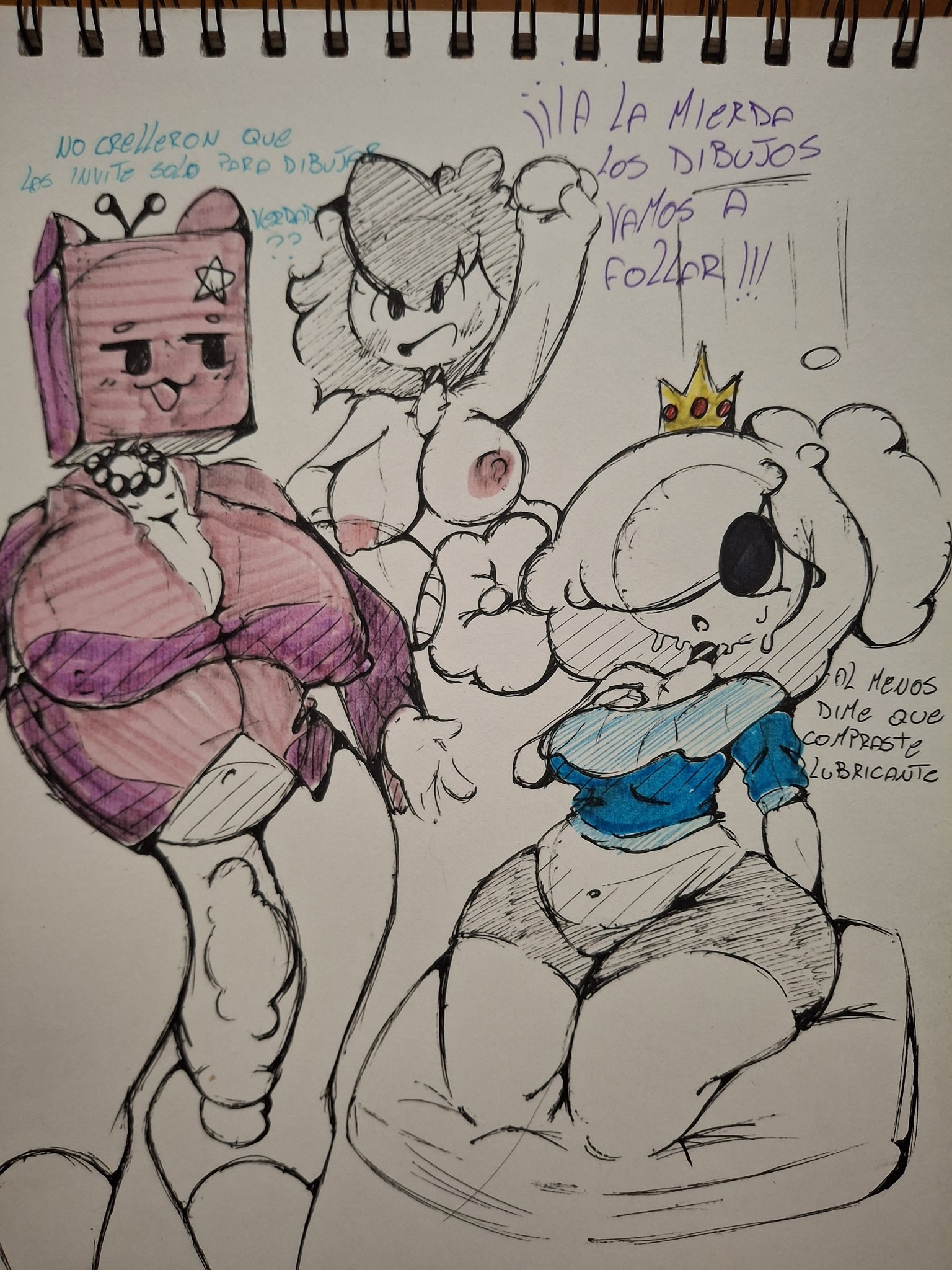 1futa, 3girls, antennae (anatomy), areolae, black eyes, blush lines, boobs, box, box on head, breasts, cat ears, chubby, chubby female, clothing, cock, collar, color, colored, crown, female, flaccid, flaccid penis, futanari, hair over one eye, intersex, jaiden, jaiden animations, nimu, nimu (irl), nipples, nude, nude female, partially clothed, pencil (artwork), penis, rokoryt art, shorts, simple eyes, sleepover, sofia magali santillan (nimu), spanish dialogue, spanish text, sweat, sweatdrop, sweating, text, thick thighs, thighs, traditional media (artwork), veiny cock, veiny penis, white body, white hair, white skin, xiaro, youtube, youtube avatar, youtube hispanic, youtuber