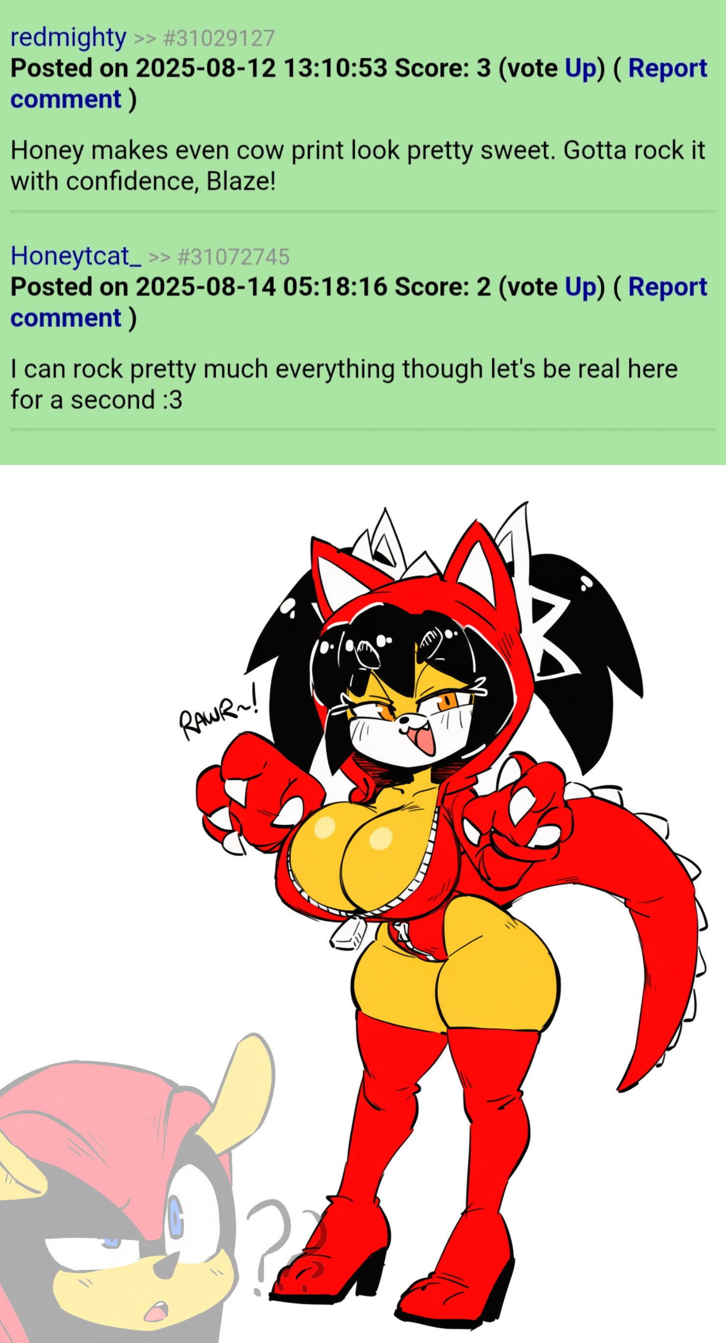 2d, ai generated, black hair, breasts, comments, confused, costume, dinosaur girl, english text, female, honey the cat, huge breasts, kimmythefem, mighty the armadillo, mobian, mobian (species), mobian cat, no sex, orange eyes, red clothing, sega, slim waist, smug, sonic (series), sonic the fighters, sonic the hedgehog (series), thick thighs, twintails, wide hips