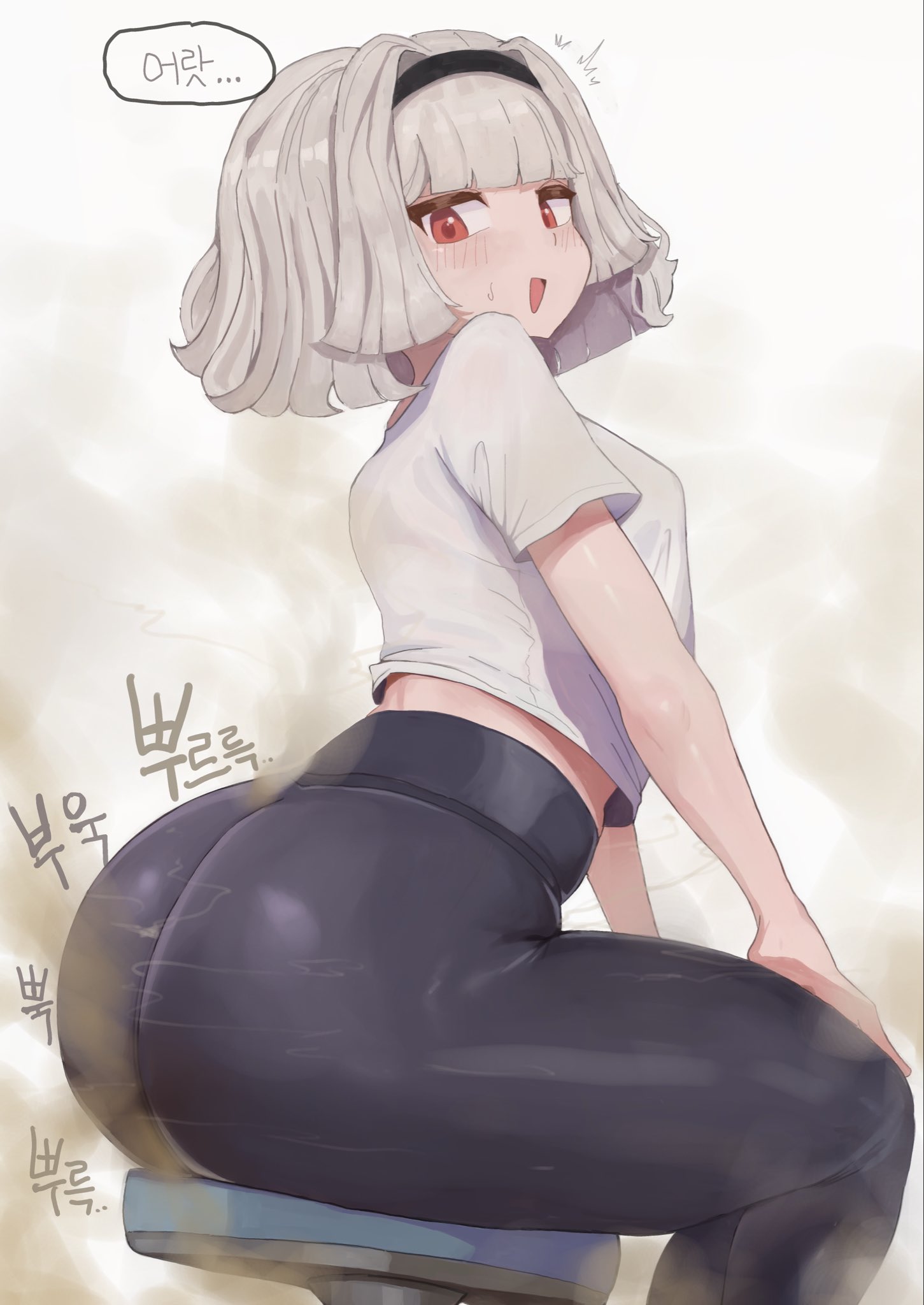 1girls, ass, ass bigger than head, ass crack, ass focus, big ass, big butt, blush, blushing female, bottom heavy, bottomwear, breasts, bubble butt, chunja (somang), clothed, clothed female, fart, fart cloud, fart everywhere, fart fetish, farting, farts, female, female only, korean female, korean text, looking at viewer, onomatopoeia, original, original character, petite, petite body, petite female, red eyes, side view, sideboob, sitting, solo, solo female, solo focus, somang, speech bubble, stool, stool (chair), surprised, surprised expression, surprised face, sweat, sweatdrop, text, thick ass, thick butt, thought bubble, topwear, white background, white hair