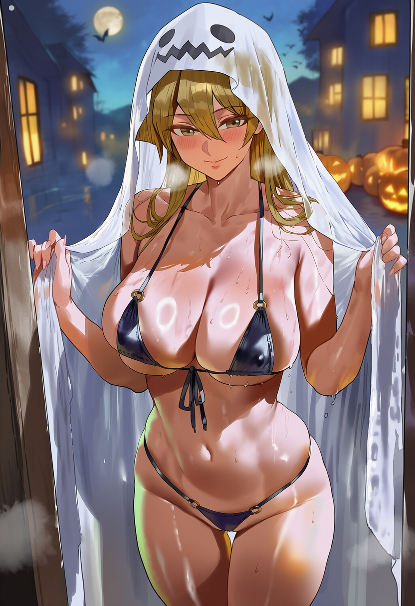 :), 1girls, ai generated, alexis rhodes, arms up, bikini, blonde hair, blush, breasts, brown eyes, closed mouth, curvaceous, curvy, female, female only, focus, fringe, ghost costume, halloween, hi res, hyliop, large breasts, long hair, navel, outside, smile, solo, sweatdrop, teenage female, teenager, tenjouin asuka, thighhighs, thighs, wide hips, younger female, yu-gi-oh!, yu-gi-oh! arc-v, yu-gi-oh! gx