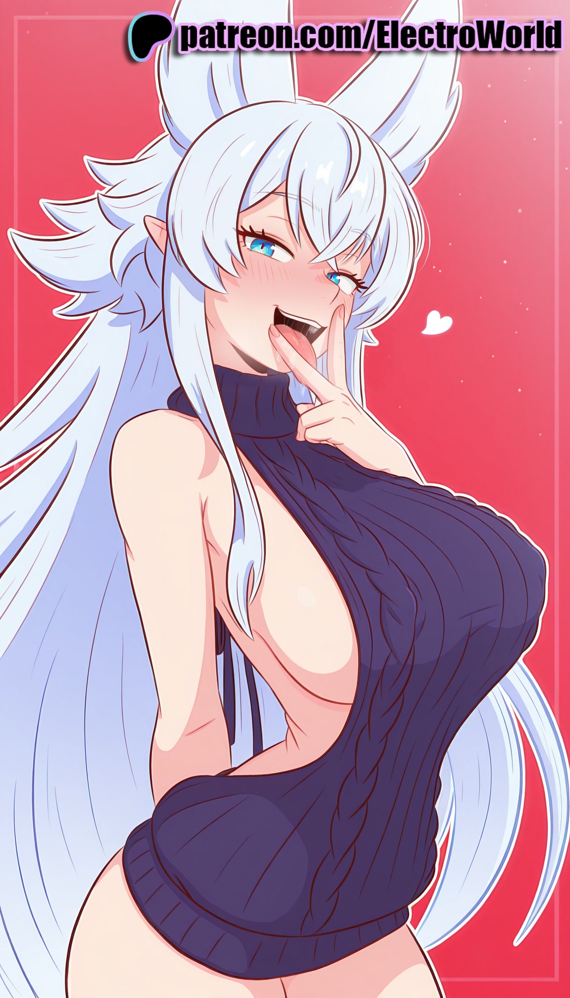 1girls, 2025, ai generated, aran sweater, artist name, bare shoulders, big breasts, big chest, blush, breasts, bust, busty, chest, dress, electroworld, female, fenrys, heart, hi res, high quality, high resolution, highres, large breasts, long hair, lv2 kara cheat datta motoyuusha kouho no mattari isekai life, meme attire, naked sweater, open mouth, patreon, patreon username, pink background, pointy ears, red background, solo, stable diffusion, sweater, tail, virgin killer sweater, watermark