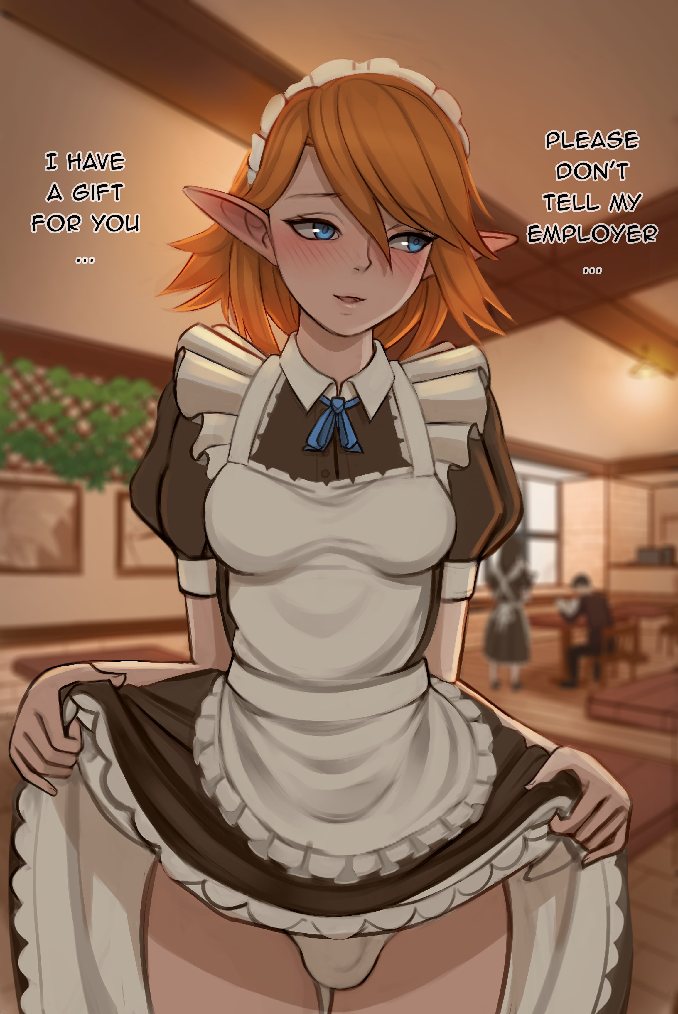 1futa, apron, blonde hair, blue eyes, blush, bulge, bulge through clothing, elf, elf ears, english text, feet out of frame, futa only, futanari, indoors, liliacineris, looking away, maid, maid headdress, maid uniform, original, original character, skirt, skirt lift, standing, text