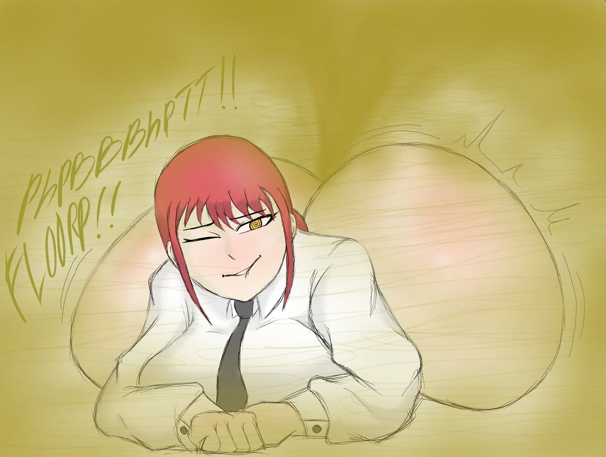 1girls, big ass, big butt, chainsaw man, enjoying farting, fart, fart cloud, fart fetish, farting, fat ass, fat butt, female, half naked, huge ass, huge butt, huge fart, looking at viewer, makima (chainsaw man), nightmaresfd, smile, smiling, solo, wink, winking, winking at viewer