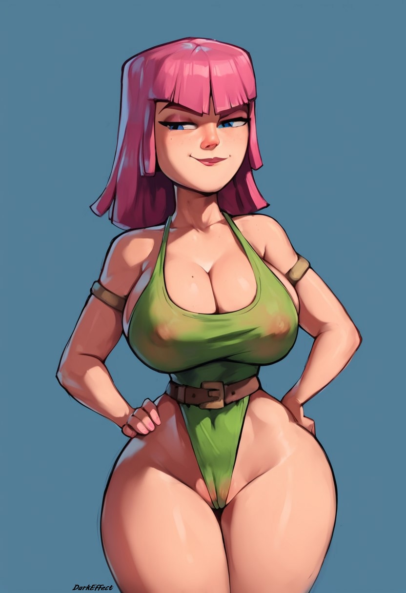 1girls, ai generated, archer (clash of clans), blue background, breasts, clash (series), clash of clans, darkeffect, female, female focus, female only, front view, lips, nipples, nipples visible through clothing, onesie, partially clothed, pink hair, pussy, pussy peek, simple background, slim waist, smug, smug face, solo, solo female, solo focus, wide hips