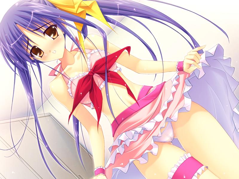 brown_eyes crop_top dutch_angle female frills game_cg garters hair_ribbon idol idol_revolution long_hair midriff panties ponytail purple_hair pussy ribbon see-through serizawa_ayano skirt skirt_lift solo thigh_gap thighs tied_hair underwear white_panties yellow_eyes