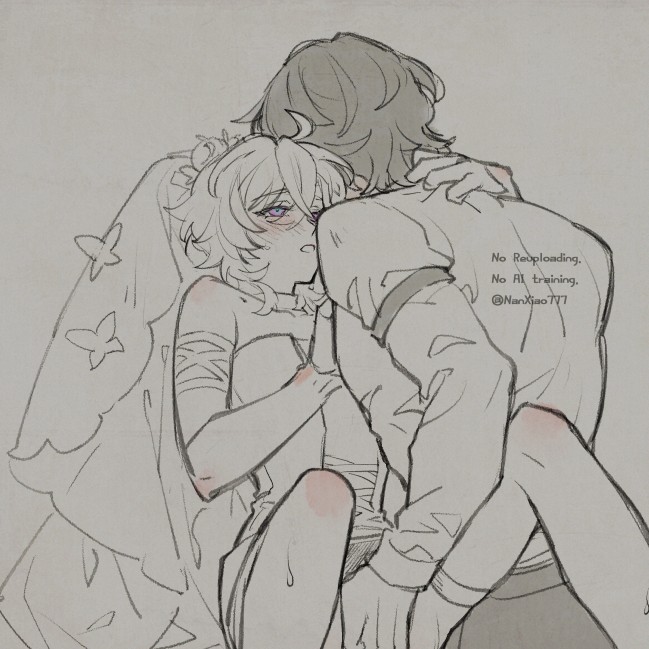 aventurine (honkai: star rail), bridal veil, bride, dr. ratio (honkai: star rail), fingering, gay, honkai: star rail, male, wedding dress, yaoi