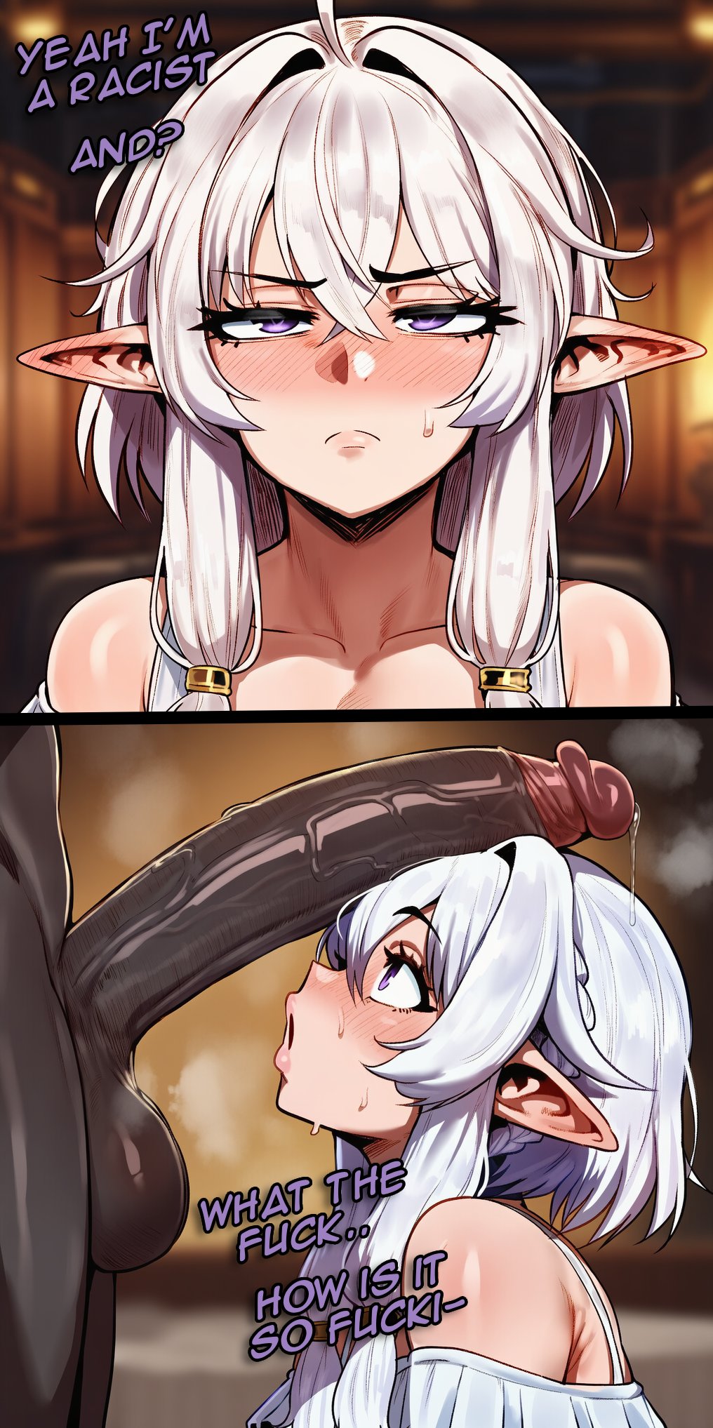 1girls, 2boys, ai generated, big penis, blush, dark skin, dark-skinned male, elf, elf ears, elf female, english text, female, generic dark-skinned-muscular male, interracial, light skin, light-skinned female, looking at penis, male, penis, penis awe, penis on head, pointy ears, powdur (powdury), precum, raceplay, racist, racist woman, rengchan, text, virtual youtuber, vtuber, white hair