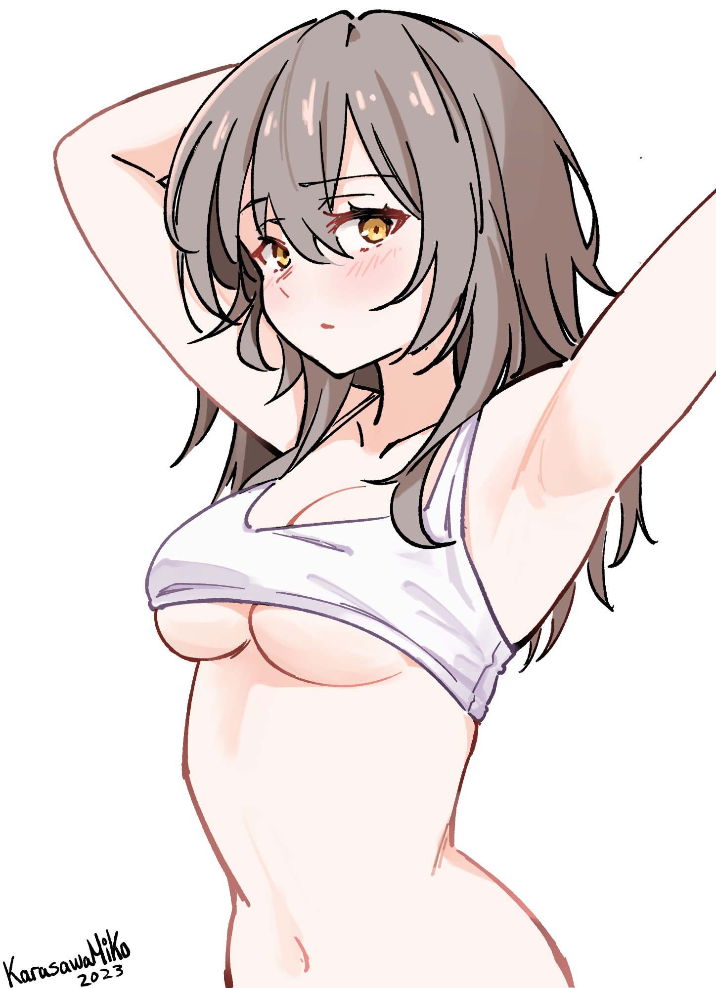 1girls, almost naked, almost nude, arm behind head, arm up, armpit, armpit crease, armpit peek, armpits, bare armpits, bare arms, bare belly, bare hands, bare hips, bare midriff, bare navel, bare shoulders, bare skin, belly, belly button, blush, blush face, blushing female, blushing lines, breasts, brown eyebrows, brown hair, brown-haired female, collarbone, digital drawing, digital media, elbows, exposed armpits, exposed arms, exposed belly, exposed hips, exposed midriff, exposed navel, exposed shoulders, exposed skin, female, female focus, female only, hair between eyes, hairless armpits, hand behind head, hand up, high resolution, highres, honkai (series), honkai: star rail, karasawamiko, lean figure, long hair, looking at viewer, medium breasts, midriff, mostly nude, naked, naked female, naked woman, narrow waist, navel, nearly nude, nude, nude female, nudity, practically nude, shaved armpits, shoulders, simple background, slender body, slender waist, slim waist, solo, sports bra, standing, stelle (honkai: star rail), underboob, upper body, white background, yellow eyes, yellow-eyed female
