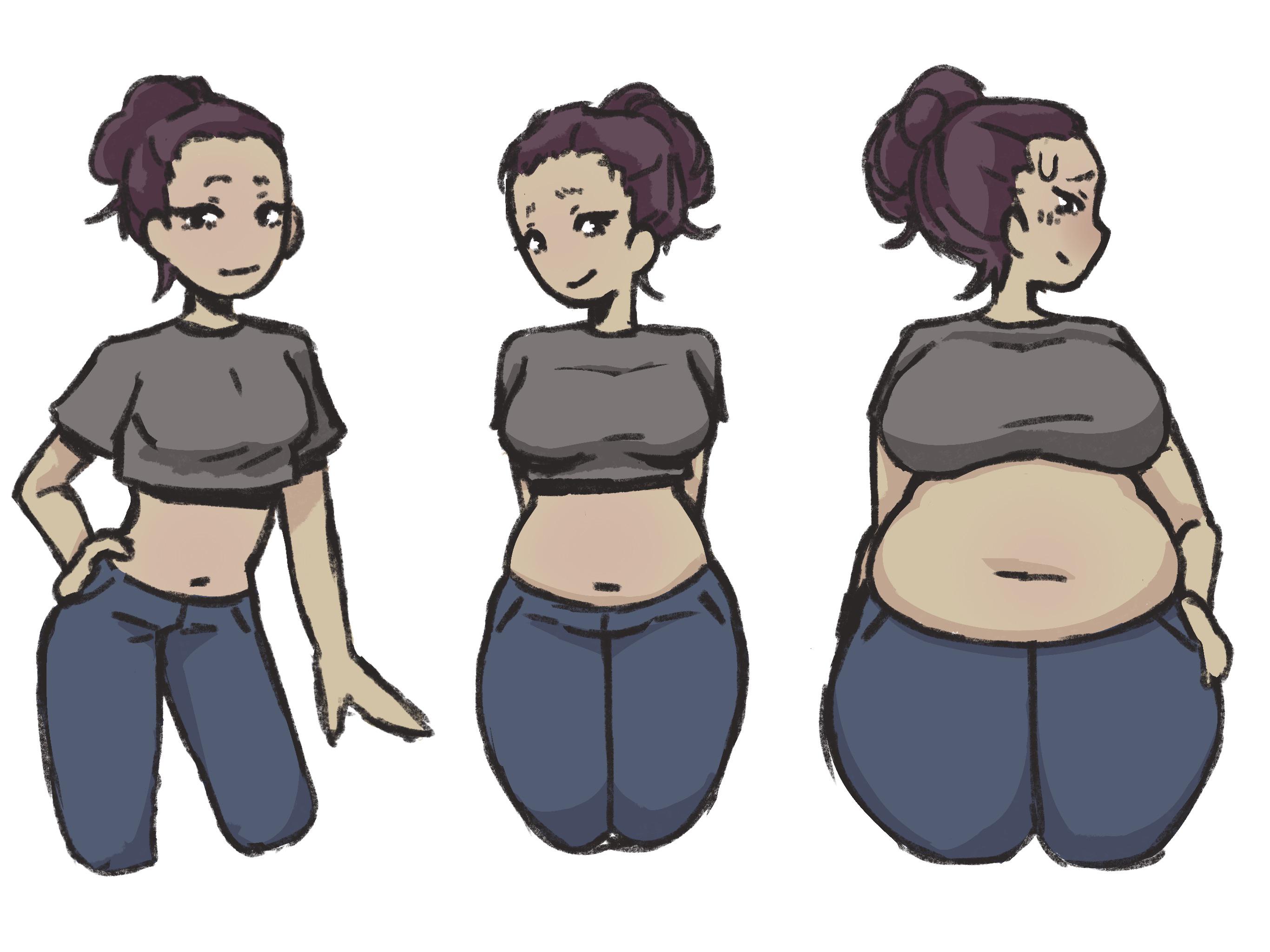1girls, belly expansion, big belly, big breasts, blush, breast expansion, breast growth, breast growth (enlargement), breasts, chubby, crop top, dark hair, expansion, expansion sequence, female, female only, looking at viewer, original, original character, pants, rynopop, short hair, simple background, solo, sweat, sweatdrop, thick thighs, thigh expansion, tight clothing, weight gain, white background