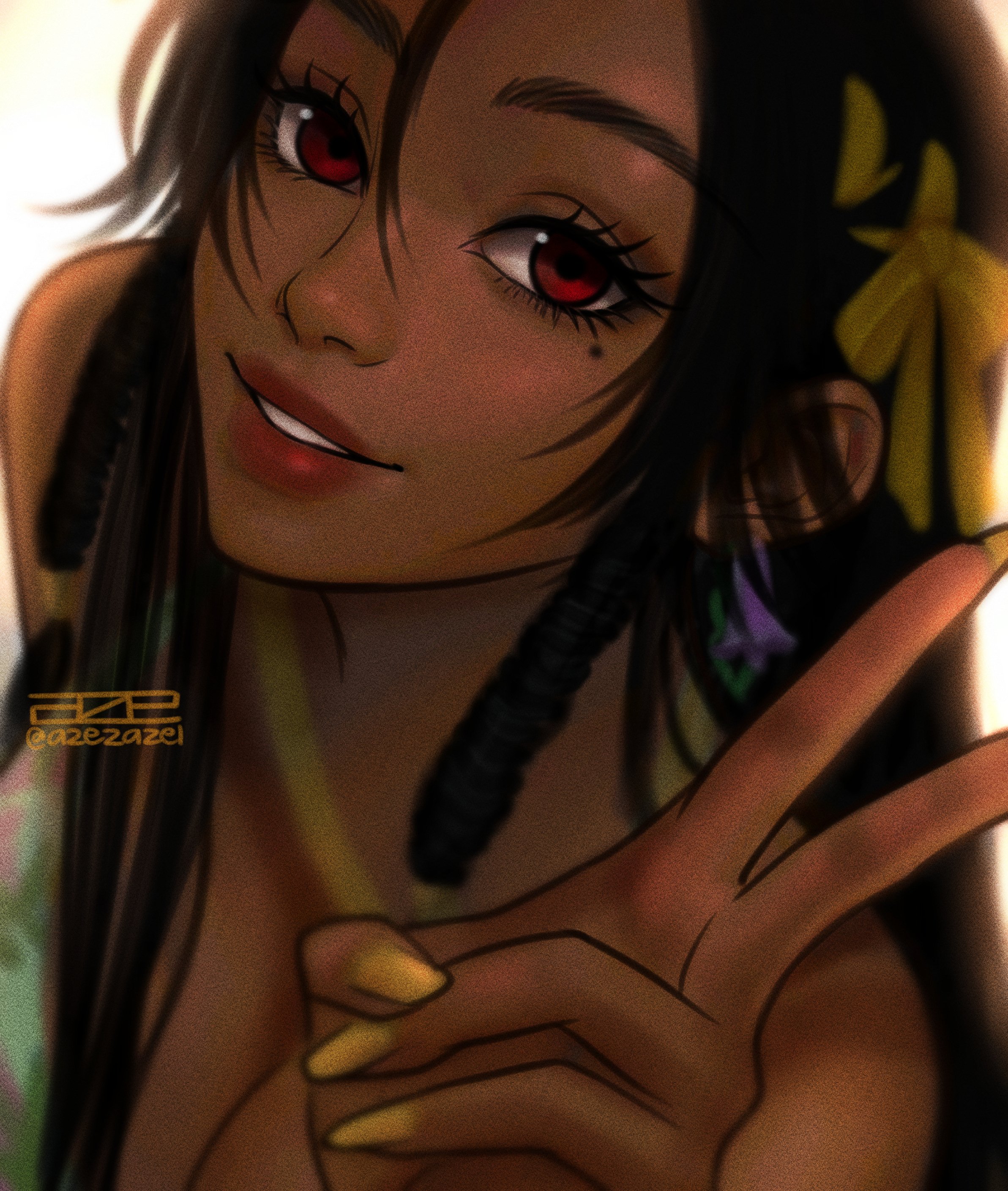 1girls, african female, azezazel, black hair, breasts, brown lips, cleavage, close-up, dark skin, dark-skinned female, depth of field, earrings, female, hair ribbon, large breasts, miary zo, mole, mole under eye, namco, painted nails, portrait, red eyes, solo, tekken, tekken 8, v sign, yellow nails