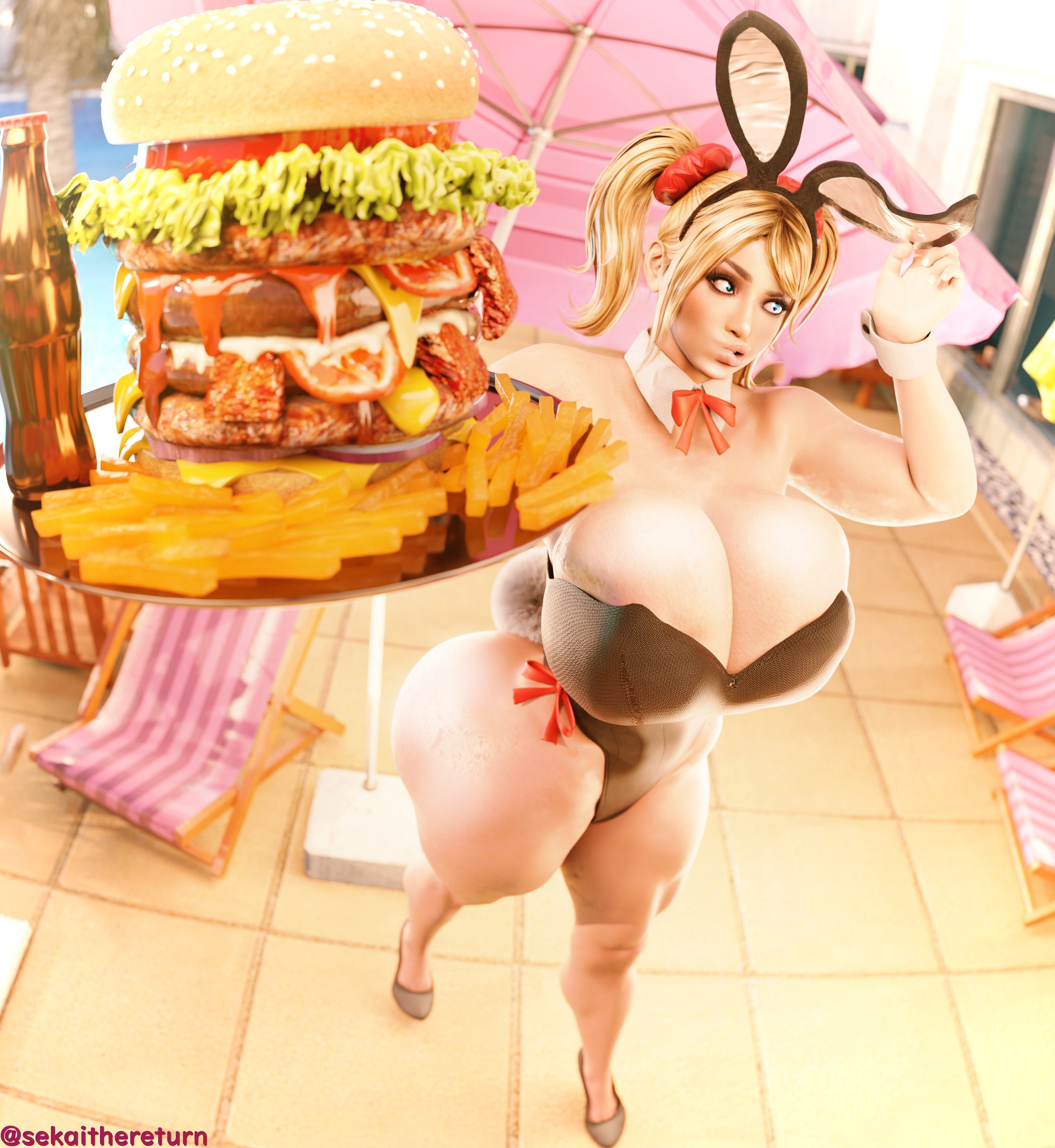 1girls, 3d, 3d background, 3d model, 3d render, ass, big ass, big breasts, big butt, big thighs, blonde hair, blue eyes, breasts, bubble butt, bunny, bunny costume, bunny ears, bunny girl, bunny tail, bunnysuit, burger, burgur, butt, fat ass, fat butt, female, female only, food, glistening, glistening ass, glistening body, glistening breasts, glistening butt, glistening skin, heels, holding burger, holding food, holding object, huge ass, huge breasts, huge butt, huge thighs, juliet starling, large ass, large breasts, large butt, large thighs, lollipop chainsaw, looking sideways, mouth, mouth open, plate, sekaithereturn, solo, solo female, solo focus, thick ass, thick legs, thick thighs, thighs, twin braids, twintails, umbrella, yellow hair