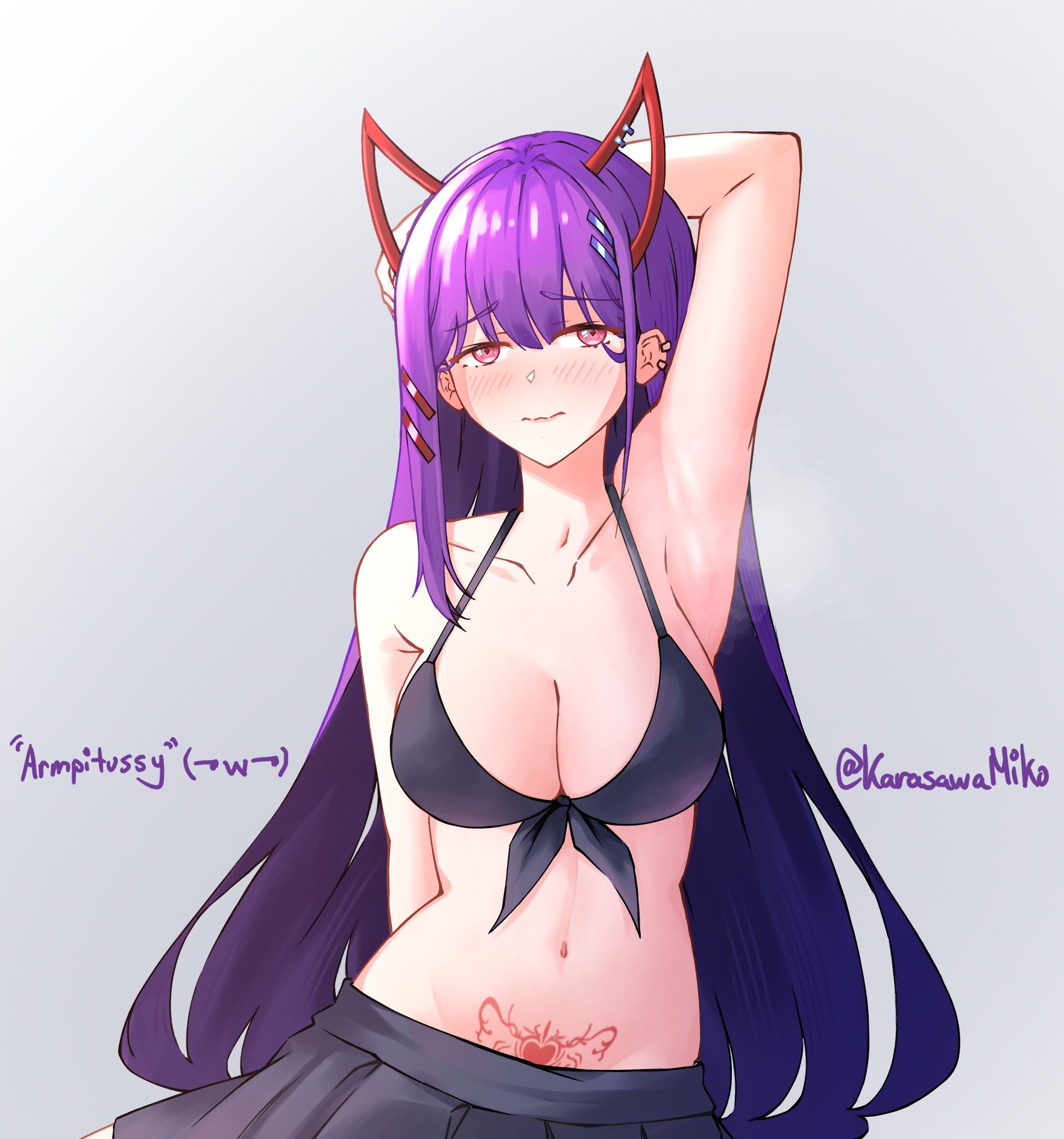 1girls, akuma nihmune, arm behind head, armpit, armpit crease, armpit peek, armpits, arms behind head, belly, belly button, big breasts, bikini, bikini top, black bikini, black bikini top, black string bikini, black swimsuit, black swimwear, blush, blush face, blushing at viewer, blushing female, blushing lines, breasts, busty, busty female, busty girl, cleavage, collarbone, digital drawing, digital media, ear piercing, ear piercings, elbows, embarrassed, embarrassed expression, embarrassed female, eyebrows visible through hair, female, female focus, female only, flustered, flustered female, front-tie bikini, front-tie bikini top, hair clip, hair clips, hairclip, hairclips, hairless armpits, halterneck, hand behind head, hands behind head, high resolution, highres, indie virtual youtuber, karasawamiko, large boobs, large breasts, lean figure, lips, long hair, looking at viewer, midriff, narrow waist, navel, pierced ear, pierced ears, pink eyes, pink-eyed female, plump breasts, posing, posing for the viewer, pubic tattoo, purple eyebrows, purple hair, purple-haired female, shaved armpits, shoulders, simple background, slender body, slender waist, slim waist, solo, standing, string bikini, swimsuit, swimwear, upper body, virtual youtuber, white background, womb tattoo