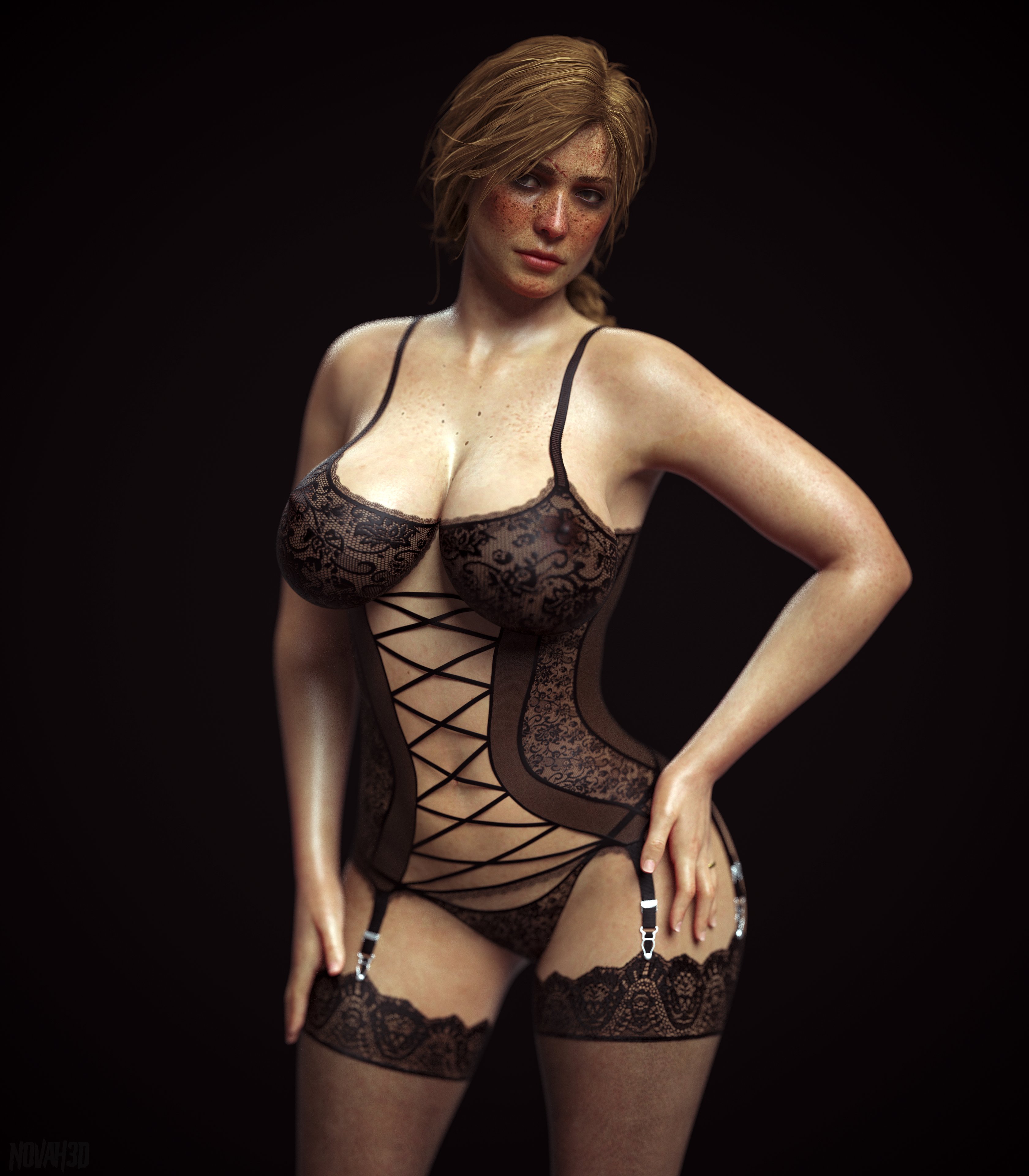1girls, 3d, big breasts, breasts, female, female only, freckles, garter straps, lingerie, nipples, nipples visible through clothing, no visible genitalia, novah3d, panties, red dead redemption (series), red dead redemption 2, red deer, sadie adler, see-through, see-through clothing, see-through lingerie, solo, solo female, translucent clothing, underwear