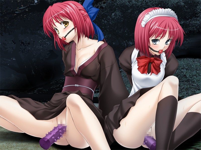 ball_gag bondage bottomless censored dildo female female_only gag gagged hisui hisui_(tsukihime) japanese_clothes kimono kohaku kohaku_(tsukihime) maid multiple_girls multiple_subs pussy tsukihime type-moon