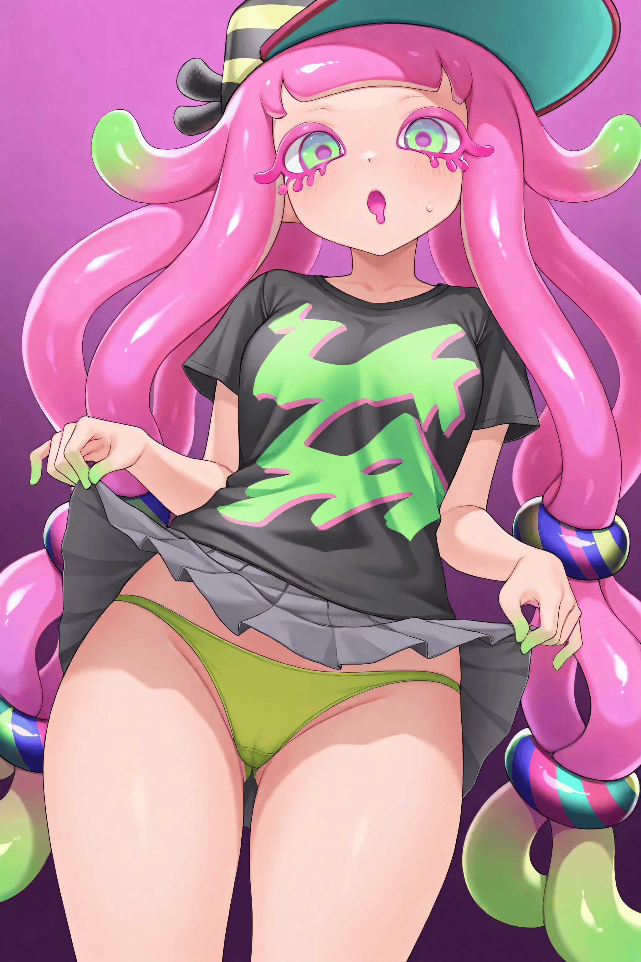 ai generated, cap, dressed, female, female only, harmony (splatoon), hi res, looking at viewer, nadadenada, no background, panties, seaart.ai, shirt, skirt, skirt lift, skirt lifted by self, splatoon, splatoon (series), splatoon 2, splatoon 3, standing