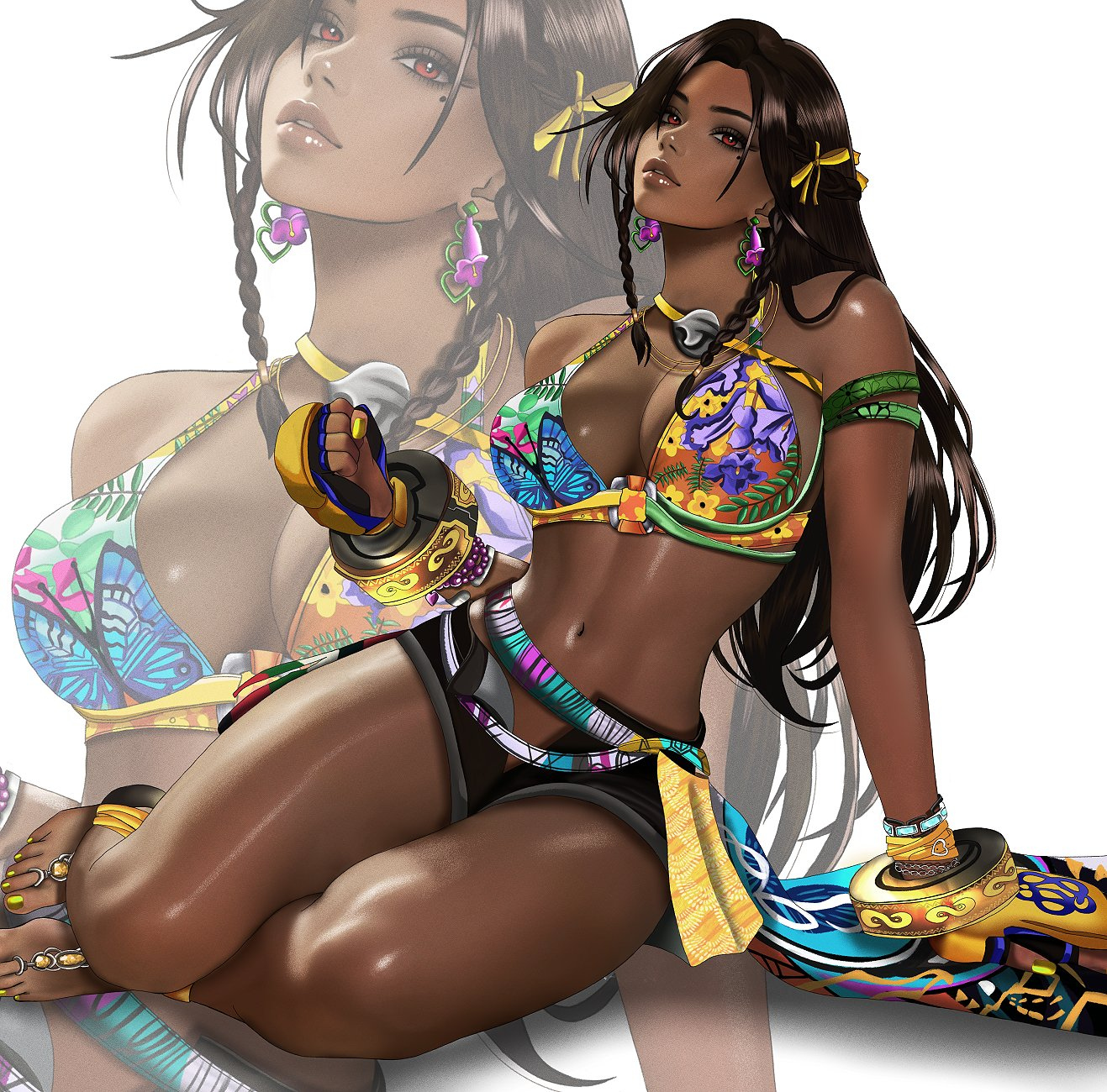 1girls, 2025, 2d, 2d (artwork), african female, armlet, barefoot, bikini top, black hair, black shorts, breasts, brown lips, clothed, dark skin, dark-skinned female, earrings, female, female only, fingerless gloves, gloves, hair ribbon, kittymiya, large breasts, long hair, malagasy, miary zo, mole, mole under eye, namco, open fly, painted nails, painted toenails, questionable, red eyes, sarong, shiny skin, shorts, solo, solo female, tekken, tekken 8, thick thighs, toned, toned female, yellow gloves, yellow nails, zoom layer