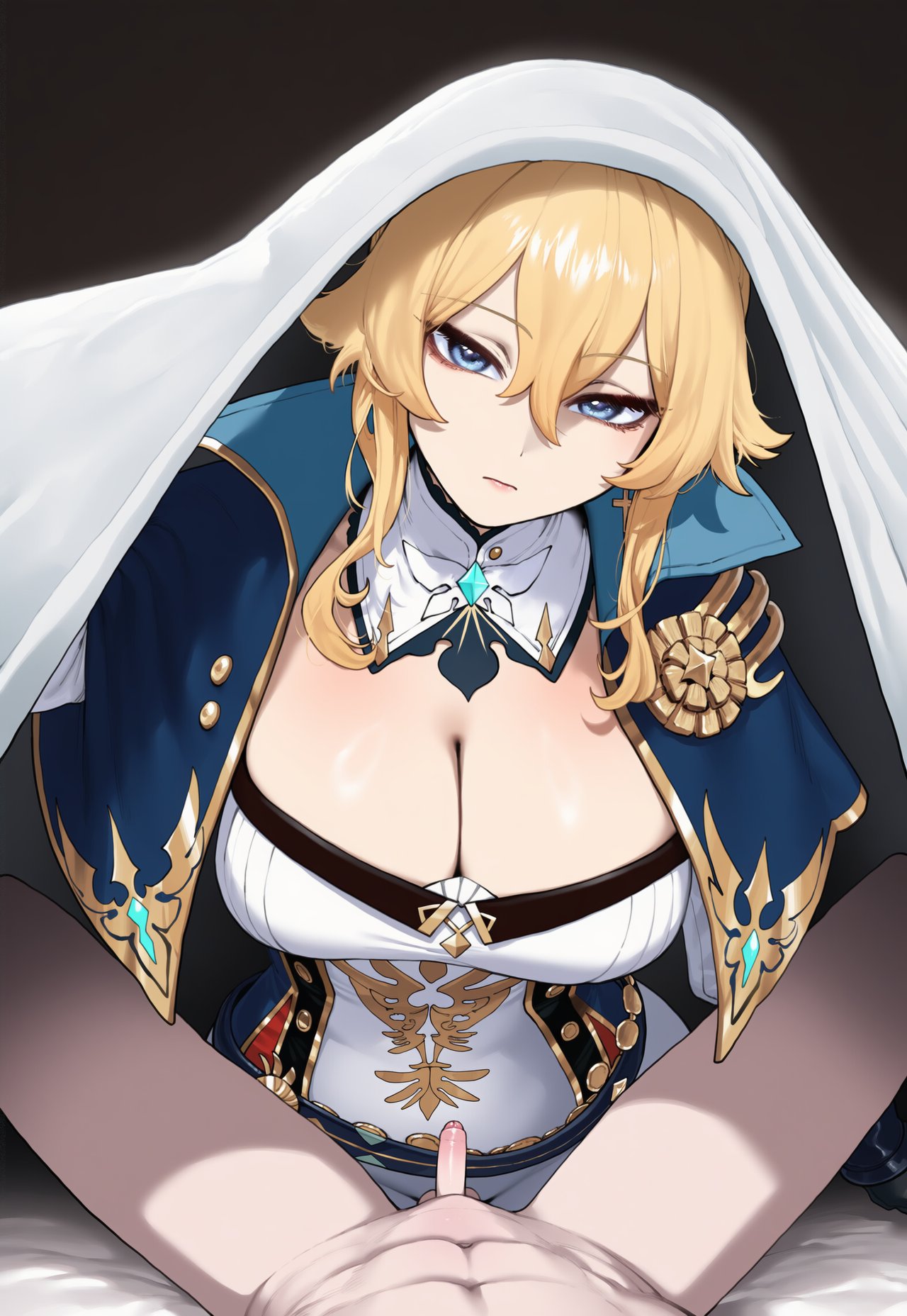 1boy, 1girls, ai assisted, ai generated, bed, bedsheet, blonde hair, blue eyes, breasts, clothed female, clothed female nude male, emotionless, erect penis, erection, eye contact, female, foreskin, genshin impact, huge breasts, humiliation, jean gunnhildr, light skin, light-skinned female, looking at viewer, male, mihoyo, netorare, ntr, penis, pov, small penis, truck kun, truck-kun art, uncircumcised, under blanket