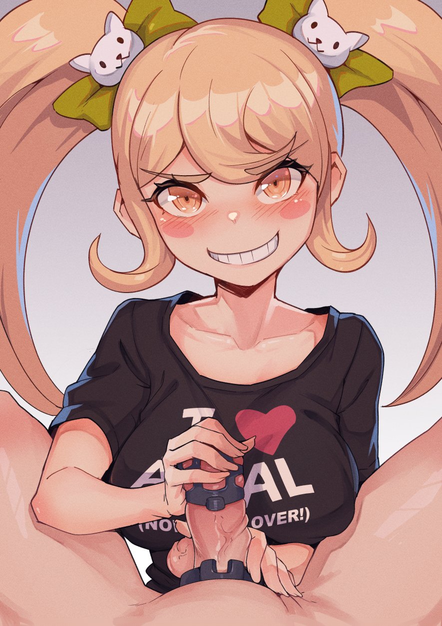 1boy, 1girls, big breasts, big penis, blonde hair, blush, breasts, chastity, chastity cage, chastity device, clothed female, clothed female nude male, clothing, danganronpa, danganronpa 2: goodbye despair, dominant female, female, female domination, femdom, i <3 canada, i love anal, jackrockhardt, light skin, light-skinned female, light-skinned male, looking at viewer, male, male pov, malesub, nude, nude male, penis, pov, pov eye contact, saionji hiyoko, smile