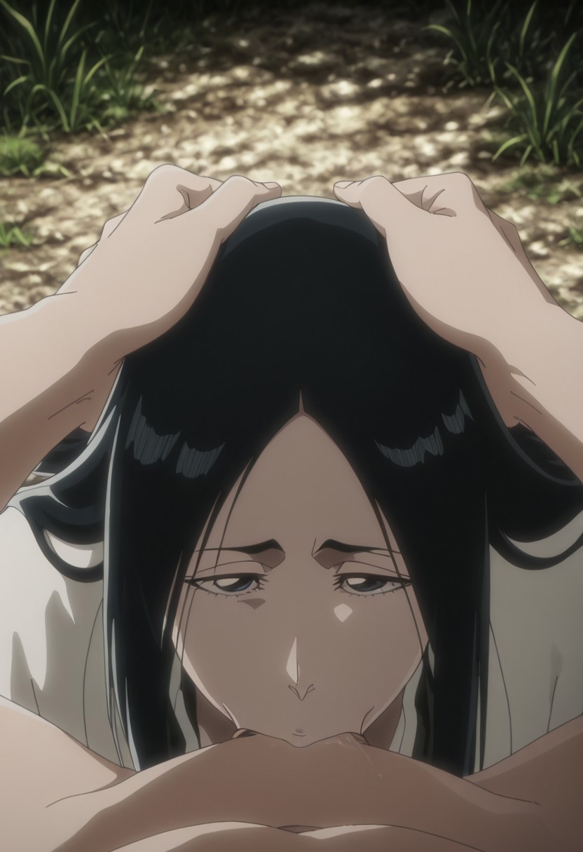 1boy, 1girls, ai generated, black hair, bleach, bleach: the thousand-year blood war, blowjob, deepthroat, duo, eye contact, fellatio, female, hands on head, haori, head grab, light skin, light-skinned female, light-skinned male, long hair, looking at viewer, male, novaro1337, oral, oral sex, pov, unohana retsu, unohana yachiru