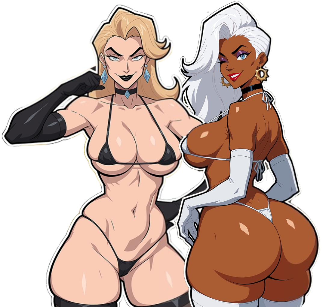 2d, 2girls, ass, ass focus, big ass, big breasts, big thighs, black lipstick, blonde female, blonde hair, breasts, bust, busty, chest, chocolate and vanilla, cleavage, curvaceous, curvy, curvy figure, dark skin, dark-skinned female, digital media (artwork), duo, earrings, edit, elbow gloves, emma frost, emma frost (marvel rivals), female, female only, hips, hourglass figure, legs, light skin, light-skinned female, long hair, long-haired female, looking at viewer, looking back, marvel, marvel comics, marvel rivals, mature, mature female, multiple girls, mutant, mutant (marvel), ororo munroe, pixiqueenie, red lipstick, seductive, seductive look, slim waist, storm (marvel rivals), storm (x-men), tagme, thick, thick ass, thick hips, thick thighs, thighs, third-party edit, thong, voluptuous, voluptuous female, waist, white hair, white-haired female, wide hips, x-men