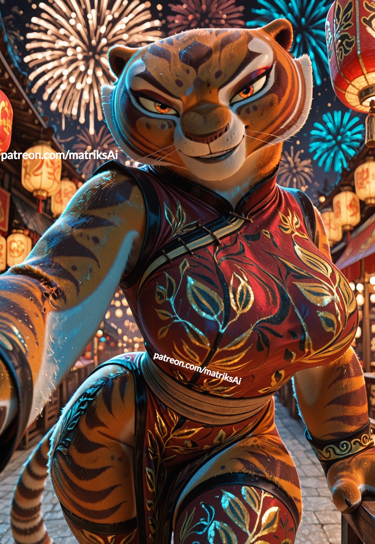 ai generated, ass, big breasts, breasts, china dress, chinese clothes, cleavage, dreamworks, feline, female, female only, fireworks, furry, furry female, giant breasts, huge breasts, kung fu panda, large breasts, master tigress, matriksai, solo