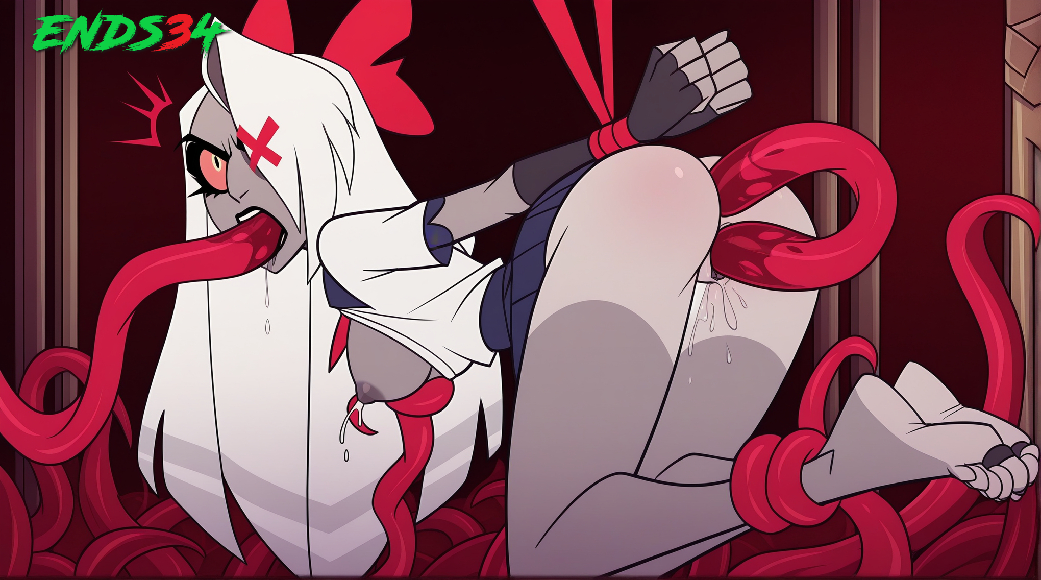 2025, 3 holes 1 tentacle, ai generated, all the way through, angry, breasts, ends34, female, female focus, grey body, hazbin hotel, long hair, medium breasts, rape, school uniform, silver hair, tentacle, tentacle rape, tentacle sex, triple penetration, u-turn penetration, vaggie (hazbin hotel), white hair