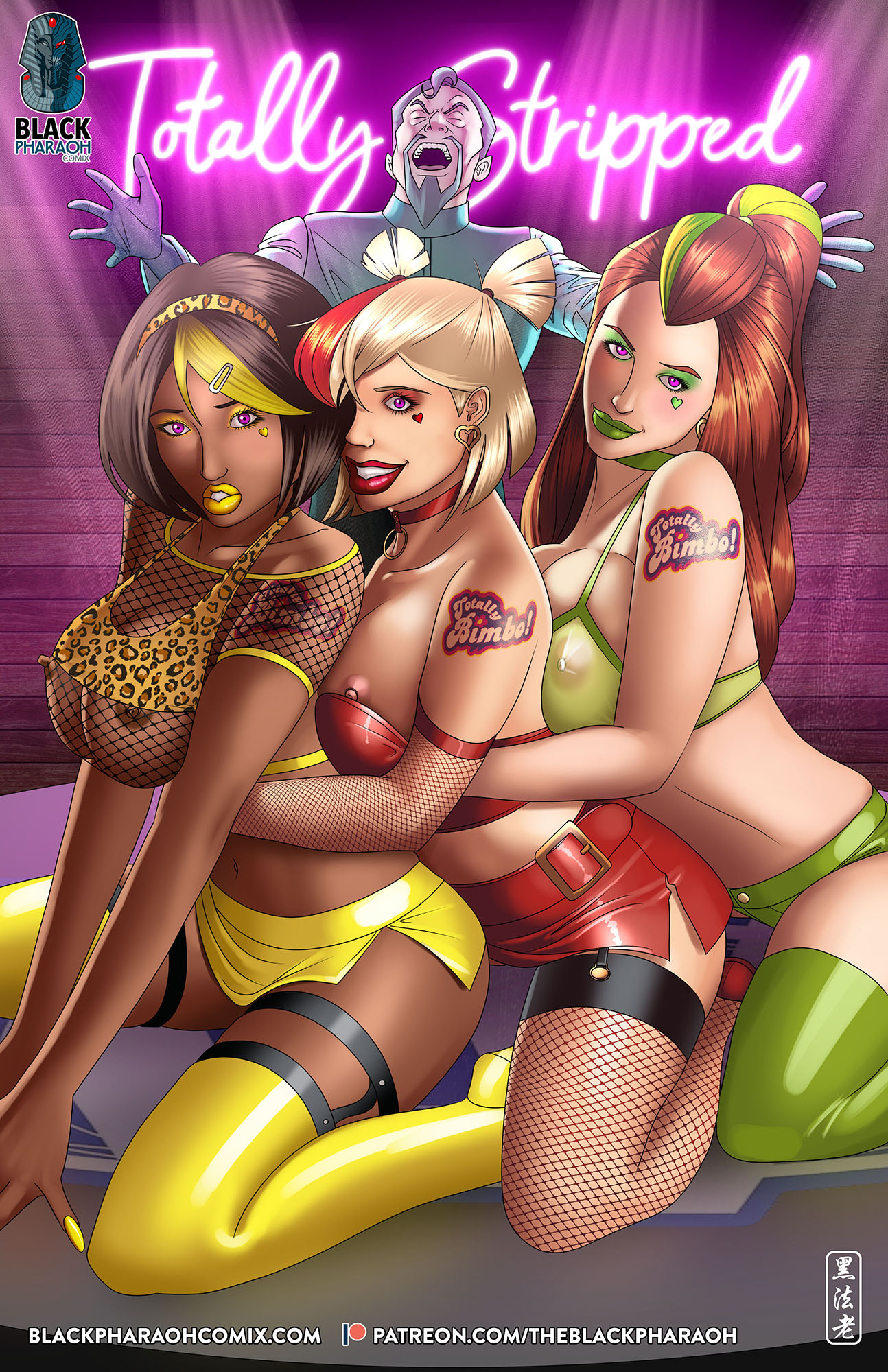 1boy, 3girls, alex (totally spies), artist logo, artist name, beard, bimbo, bimbofication, blonde hair, breasts, brown hair, choker, clover (totally spies), collar, conjugal slavery, dark-skinned female, doctor gelee, earrings, erect nipples, exposed nipples, eyeshadow, female, fishnet gloves, fishnet legwear, fishnet stockings, fishnet topwear, fishnets, green eyeshadow, green hair, green highlights, green lipstick, green makeup, hairband, harem, heart, heart symbol, heart-shaped earrings, huge breasts, latex, latex clothing, latex skirt, latex thighhighs, laughing, leopard print, leopard print bikini, lipstick, makeup, male, midriff, moustache, navel, nipples, nipples visible through clothing, patreon, patreon logo, patreon url, patreon username, plump lips, purple eyes, red eyeshadow, red hair, red highlights, red lipstick, red makeup, sam (totally spies), seductive, seductive look, skirt, smile, stripper, tattoo, tattooed arm, theblackpharaoh, thighhighs, totally spies, two-tone hair, villain, web address, yellow eyeshadow, yellow hair, yellow highlights, yellow lipstick, yellow makeup, yellow nail polish, yellow nails