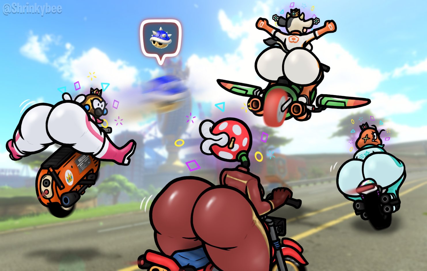 2020s, 2025, 4 bodysuits, 4girls, anthro, ass, bee, big ass, big butt, bike, bodysuit, bovid, bovine, bubble butt, butt, clothed, clothed female, clothes, clothing, cow (mario), cow girl, cowgirl, crown, curvy, curvy figure, earrings, female, female focus, female only, goomba, looking at another, looking back, mario (series), mario kart, mario kart world, moo moo (mario), moo moo meadows cow, motorcycle, nintendo, pauline, piranha plant, png, princess daisy, princess peach, princess rosalina, shrinkybee, spiny shell, spiny shell (mario kart), stingby, super mario bros., transformation, voluptuous, voluptuous female
