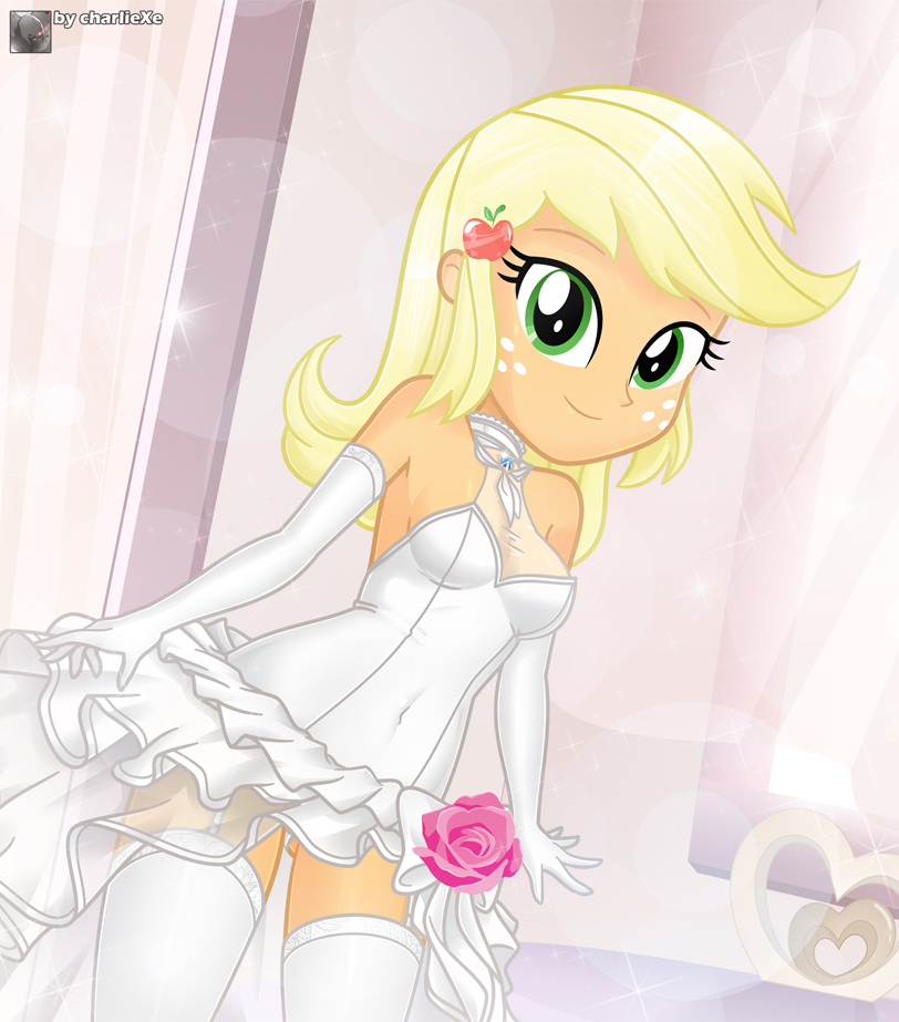 1girls, 2020s, 2021, accurate art style, apple hair ornament, applejack (eg), applejack (mlp), artist name, ass visible through thighs, bare shoulders, blonde hair, breasts, bridal gloves, bride, charliexe, cleavage, day, dress, elbow gloves, equestria girls, eyelashes, female, freckles, friendship is magic, garter straps, gem, gloves, gluteal fold, green eyes, hair ornament, hairclip, hasbro, indoors, jewelry, long hair, looking at viewer, medium breasts, my little pony, necklace, orange skin, rose, short dress, smile, smiling at viewer, solo, standing, sunlight, teenage female, teenager, thighhighs, thighs, wedding, wedding dress, white dress, white gloves, white thighhighs, window, young, young female