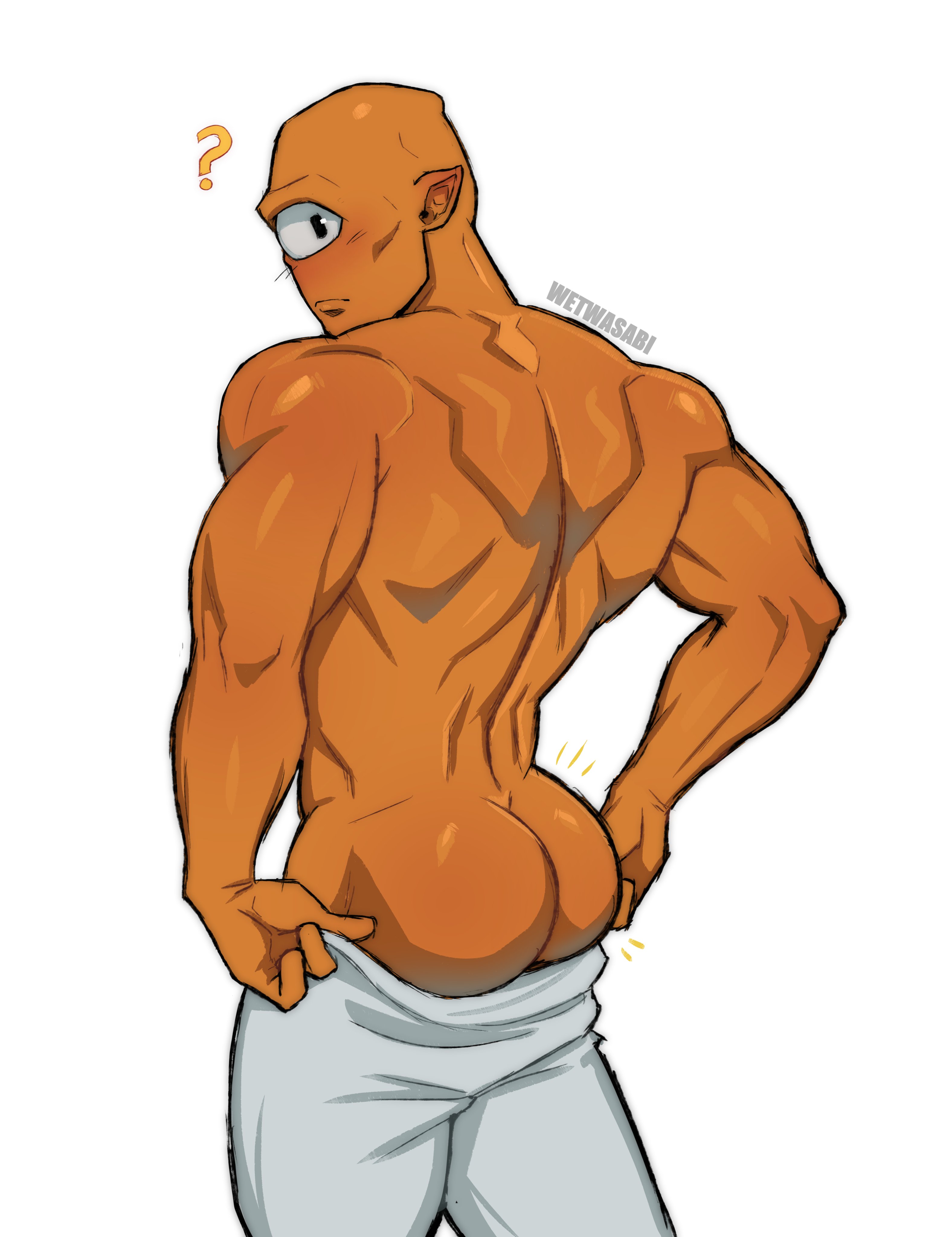 1 eye, 1boy, 2d, alien, alien humanoid, alien male, allen the alien, artist name, ass, butt, color, gay, gay male, invincible, looking back, male, male only, muscular, muscular male, orange body, orange skin, orange-haired male, rear view, round ass, round butt, shirtless, solo, solo male, wetwasabi, yaoi