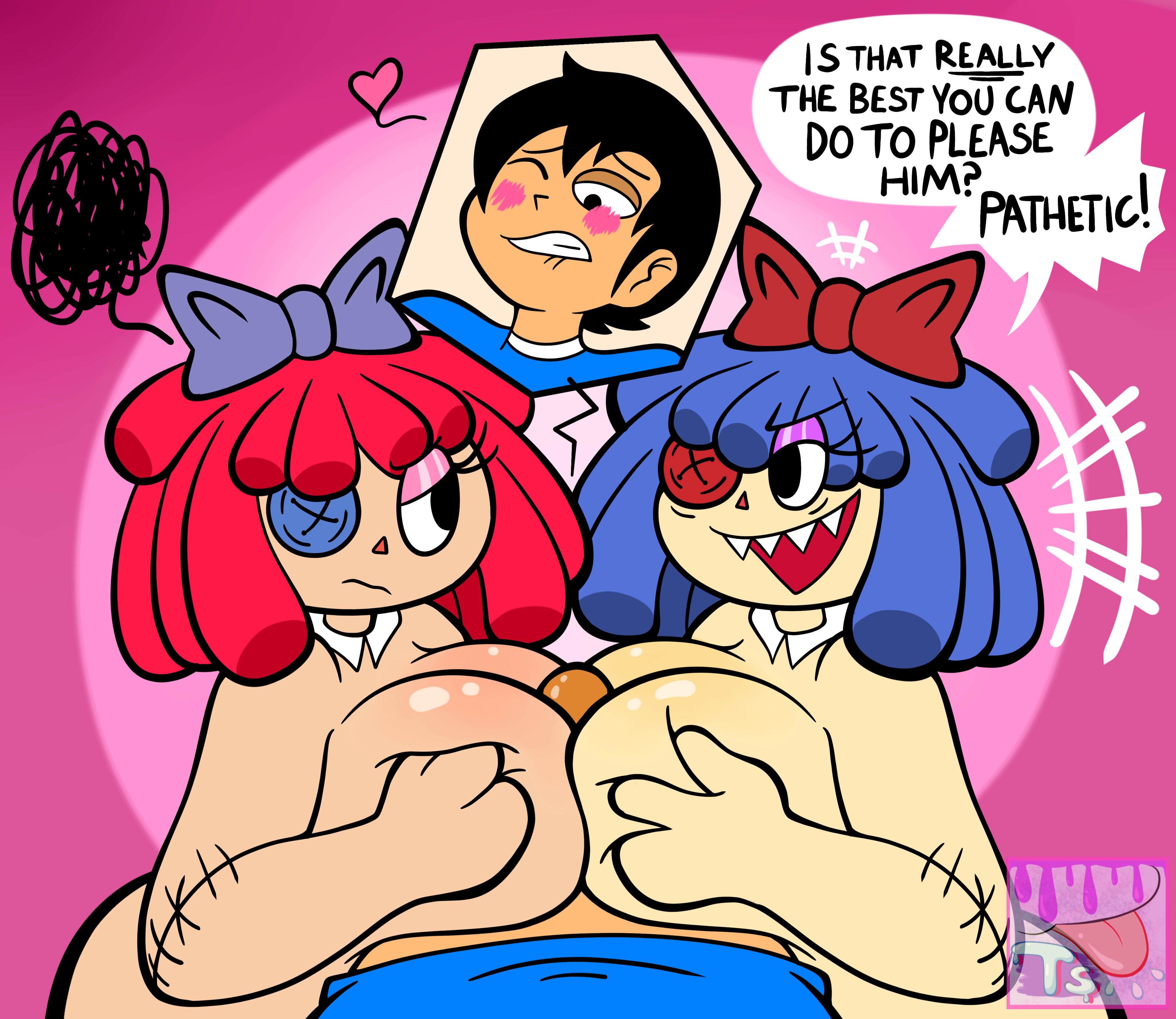 1boy, 2girls, annoyed expression, artist logo, background, blue shirt, blush, boobjob, breasts, colored, dialogue, doll, double paizuri, evil ragatha, evil ragatha (the amazing digital circus), female, glitch productions, gooseworx, human, large breasts, male, male/female, oc, original character, penis, pov, ragatha (the amazing digital circus), sharp teeth, text, the amazing digital circus, thirstspace
