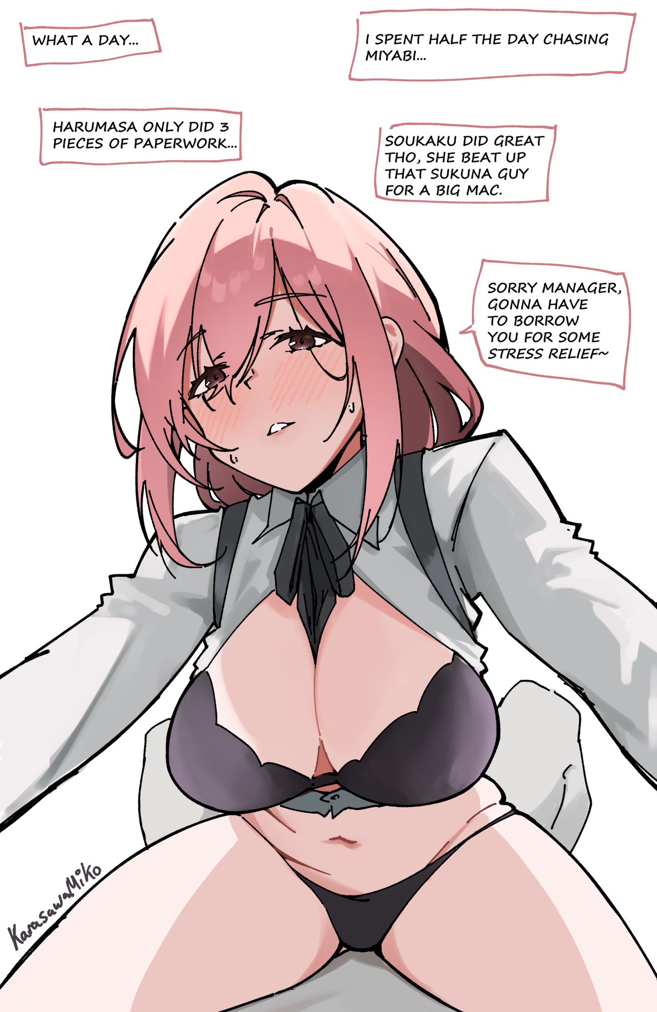 1boy, 1boy1girl, 1girls, adult, adult female, bare back, bare belly, bare chest, bare hips, bare legs, bare midriff, bare navel, bare skin, bare thighs, belly, belly button, big breasts, black bra, black panties, black underwear, blush, blush face, blushing at viewer, blushing female, blushing lines, bra, breasts, brown eyes, brown-eyed female, busty, busty female, cleavage, dialogue, dialogue bubble, digital drawing, digital media, english, english dialogue, english text, exposed back, exposed belly, exposed chest, exposed hips, exposed legs, exposed midriff, exposed navel, exposed skin, exposed thighs, eyebrows visible through hair, female, female focus, groin, hair between eyes, head tilt, high resolution, highres, horny, horny expression, horny eyes, horny female, karasawamiko, large boobs, large breasts, lean figure, legs apart, legs spread, lips, long hair, looking at viewer, male, male pov, mature, mature female, midriff, narrow waist, navel, necktie, open clothes, open clothing, open shirt, open topwear, panties, parted lips, pink eyebrows, pink hair, pink-haired female, plump breasts, pov, shirt, shoulders, simple background, sitting, sitting on another, sitting on ass, sitting on lap, sitting on person, slender body, slender waist, slim waist, spread legs, spreading legs, spreading thighs, stress relief, text, text bubble, thick thighs, thighs, tilted head, tsukishiro yanagi, unbuttoned, unbuttoned shirt, underwear, upper body, white background, white shirt, white topwear, wise (zenless zone zero), zenless zone zero