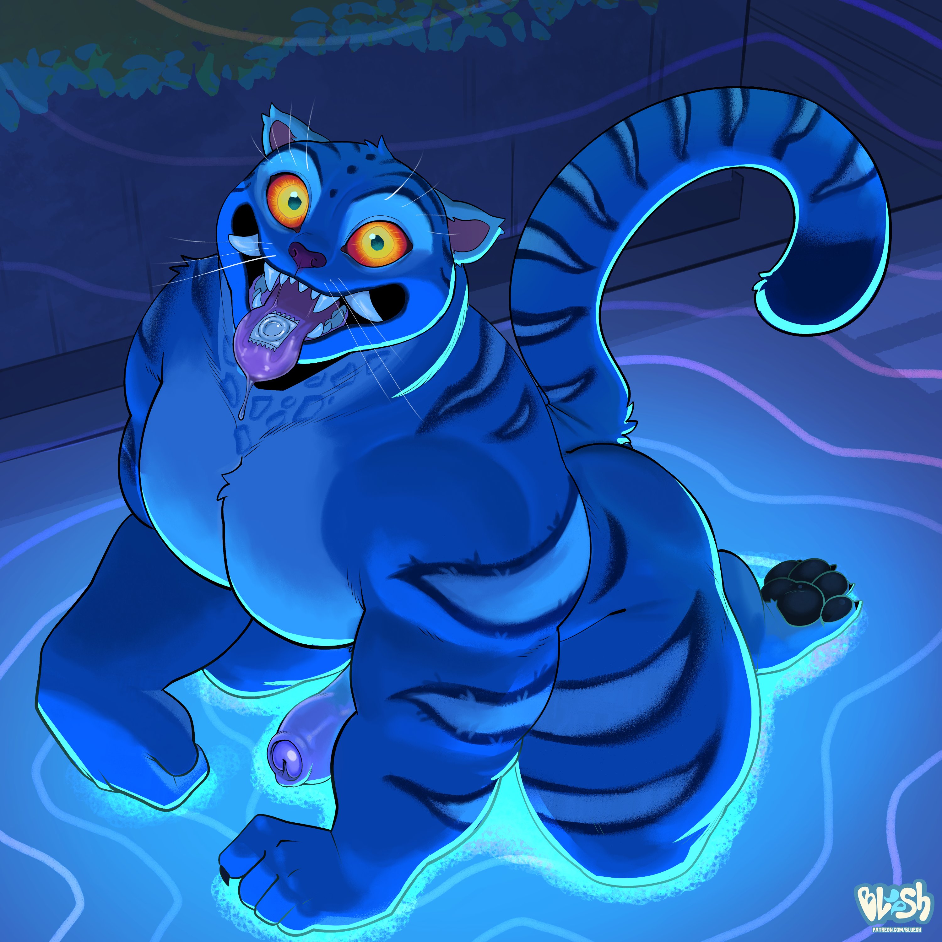absurd res, anthro, anthrofied, bara, big penis, blue body, blue fur, bluesh, bodily fluids, demon, derpy (kpop demon hunters), erection, fangs, felid, feline, foreskin, fur, genitals, hi res, humanoid genitalia, humanoid penis, kpop demon hunters, looking at viewer, male, mammal, muscular, muscular anthro, muscular male, nude anthro, nude male, pantherine, partially submerged, pawpads, penis, red eyes, saliva, solo, striped body, striped fur, stripes, tail, teeth, tiger, tongue, tongue out, uncircumcised, water, whiskers, yaoi, yellow eyes