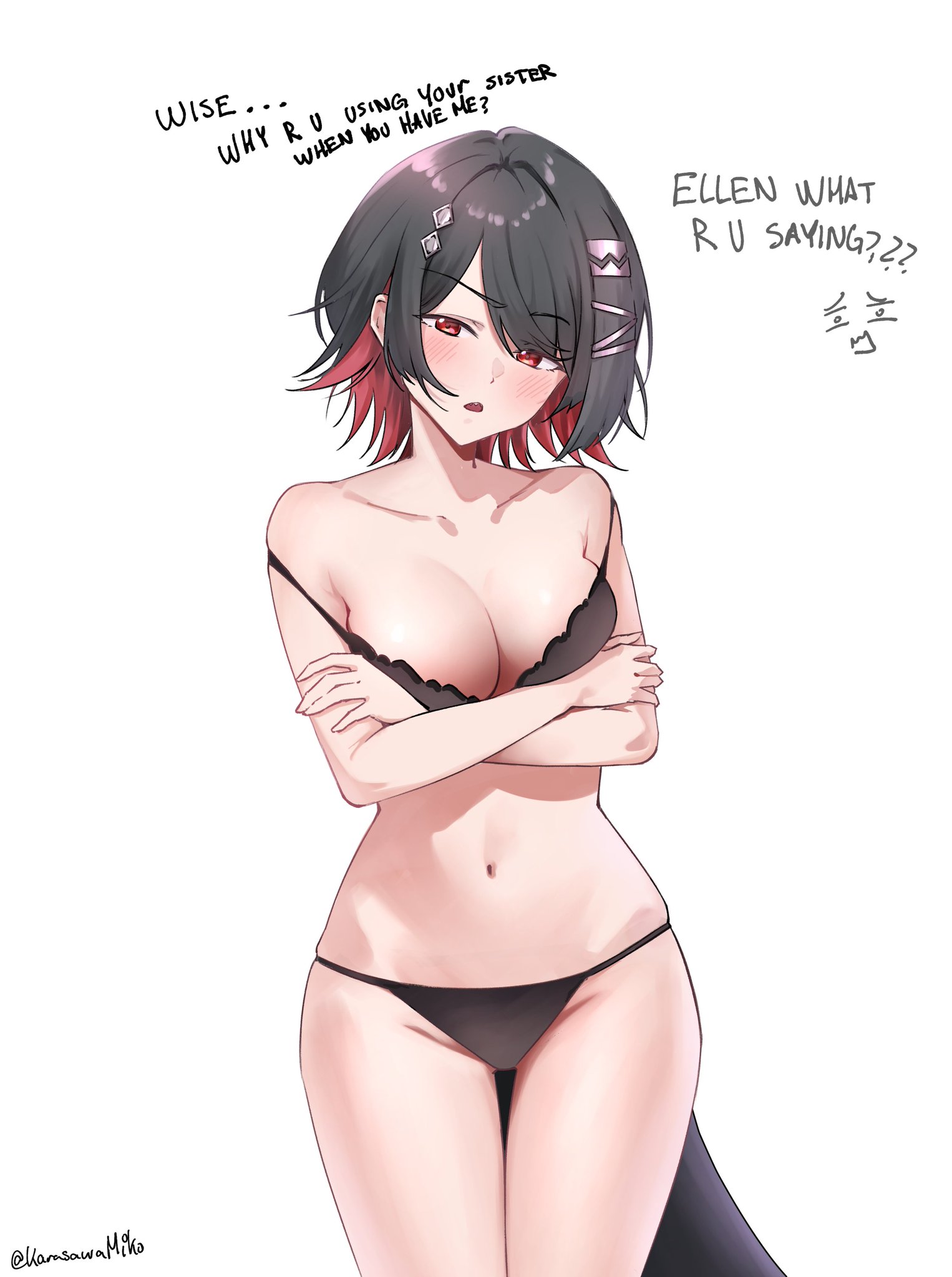 1girls, adult, adult female, arm under breasts, arms under breasts, bare belly, bare chest, bare hands, bare hips, bare legs, bare midriff, bare navel, bare shoulders, bare thighs, belly, belly button, bewitching thighs, big breasts, bikini, bikini bottom, bikini only, bikini top, black bikini, black bikini bottom, black bikini top, black hair, black string bikini, black swimsuit, black swimwear, black-haired female, blush, blush face, blushing at viewer, blushing female, blushing lines, breasts, busty, busty female, child bearing hips, cleavage, collarbone, curvaceous, curvaceous body, curvaceous female, curvaceous figure, curvaceous hips, curvy, curvy body, curvy female, curvy figure, curvy hips, dialogue, digital drawing, digital media, elbows, ellen joe, english, english dialogue, english text, exposed arms, exposed belly, exposed chest, exposed hips, exposed legs, exposed midriff, exposed navel, exposed shoulders, exposed skin, exposed thighs, female, female focus, female only, fingers, frown, frown eyebrows, frowning, frowning at viewer, groin, hair clip, hair clips, hair ornament, hair ornaments, hairclip, hairclips, head tilt, high resolution, highres, hourglass figure, karasawamiko, large boobs, large breasts, lean figure, looking at viewer, mature, mature female, medium hair, midriff, multicolored hair, narrow waist, navel, open mouth, parted lips, pink hair, pink-haired female, plump breasts, red eyes, red-eyed female, shoulders, simple background, slender body, slender waist, slim waist, solo, speaking, standing, string bikini, swimsuit, swimwear, text, thick thighs, thigh gap, thighs, tilted head, tongue, upper body, white background, wide hips, wise (zenless zone zero), zenless zone zero