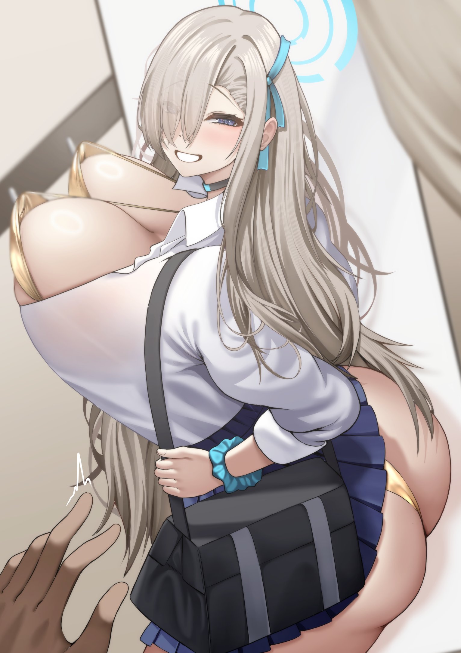 1girls, ass, asuna (blue archive), asuna (school uniform) (blue archive), bag, bikini, black bag, black choker, black skirt, blue archive, blue eyes, blue ribbon, blue scrunchie, breasts, choker, cleavage, eyes visible through hair, female, gold bikini, grey hair, hair over one eye, hair ribbon, halo, highres, large breasts, long hair, pleated skirt, pov hands, ribbon, school bag, school uniform, scrunchie, shirt, skirt, smile, swimsuit, tomi27, white shirt, wrist scrunchie