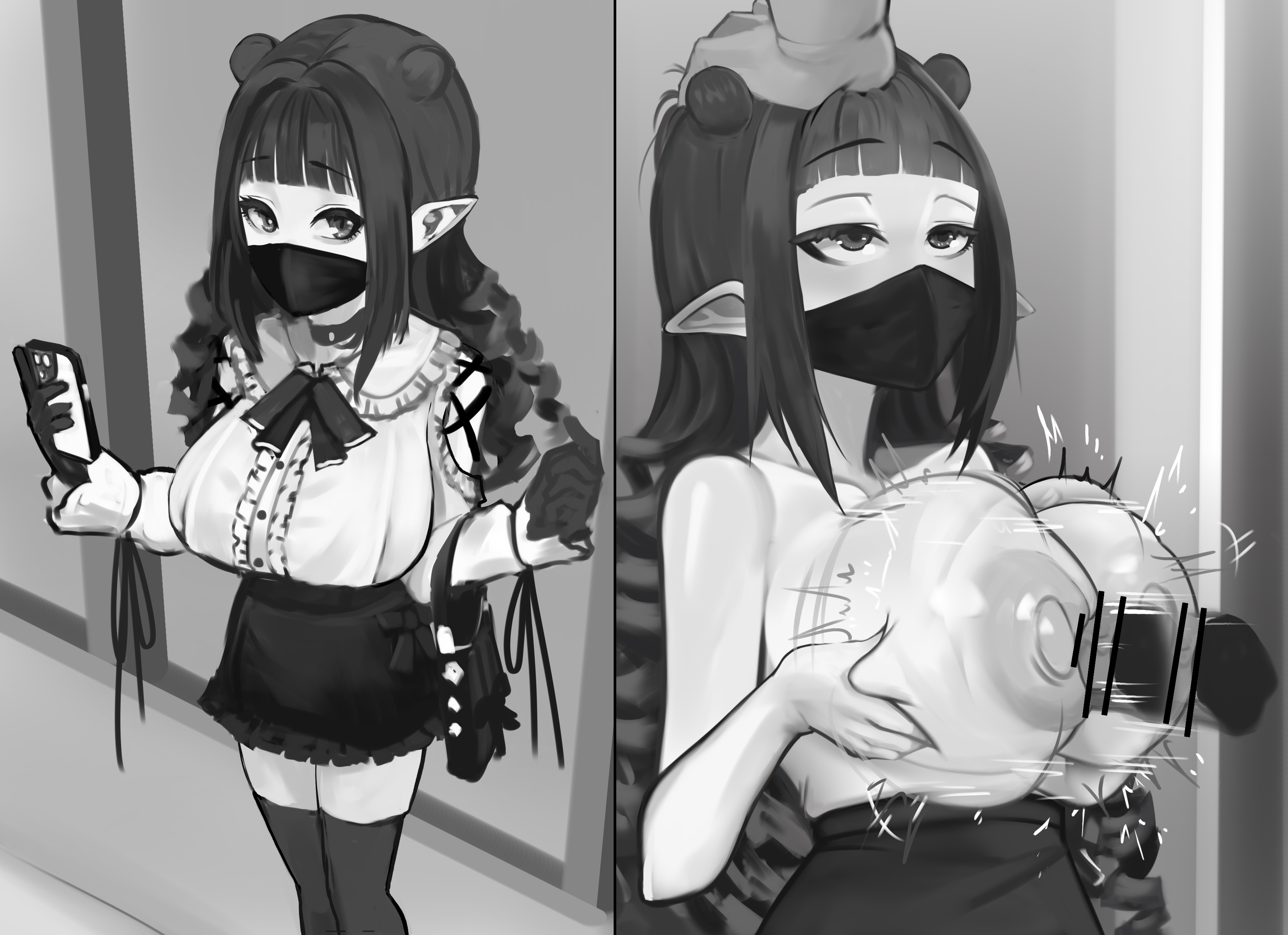 1boy, 1girls, 2d, 2koma, breasts, censor bar, censored, censored penis, cum, cum explosion, cum in breasts, cum on breasts, dizzy dokuro, ejaculation, ejaculation between breasts, elf ears, face mask, female, hand on head, heiz illust, jirai kei, large breasts, male, mask, masked female, monochrome, onomatopoeia, paizuri, penis, phase connect, phase invaders, virtual youtuber, vtuber