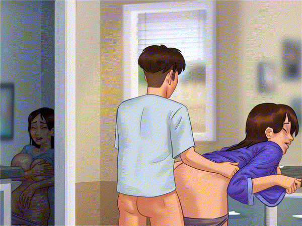 1boy, 2d, 2d (artwork), 2girls, against wall, anal, anal sex, animated, areolae, ass, bending forward, bending over, bent over, big breasts, blush, bottomless, breasts, brown hair, debbie (summertime saga), digital drawing (artwork), digital media (artwork), doggy style, fanart, female, female penetrated, from behind, from behind position, incest, jenny (summertime saga), kitchen, kitchen counter, kitchen sex, leaning, leaning forward, light skin, loop, looping animation, main character (summertime saga), male, male penetrating, male penetrating female, male/female, masturbating, masturbation, milf, mother and son, nipples, panties, panties down, pleasure face, pussy, pussy lips, robe, rubbing, rubbing pussy, sex, smooth animation, standing masturbation, summertime saga, teenage female, teenager, thrusting, thrusting into ass, topwear, underwear, vagina, watching