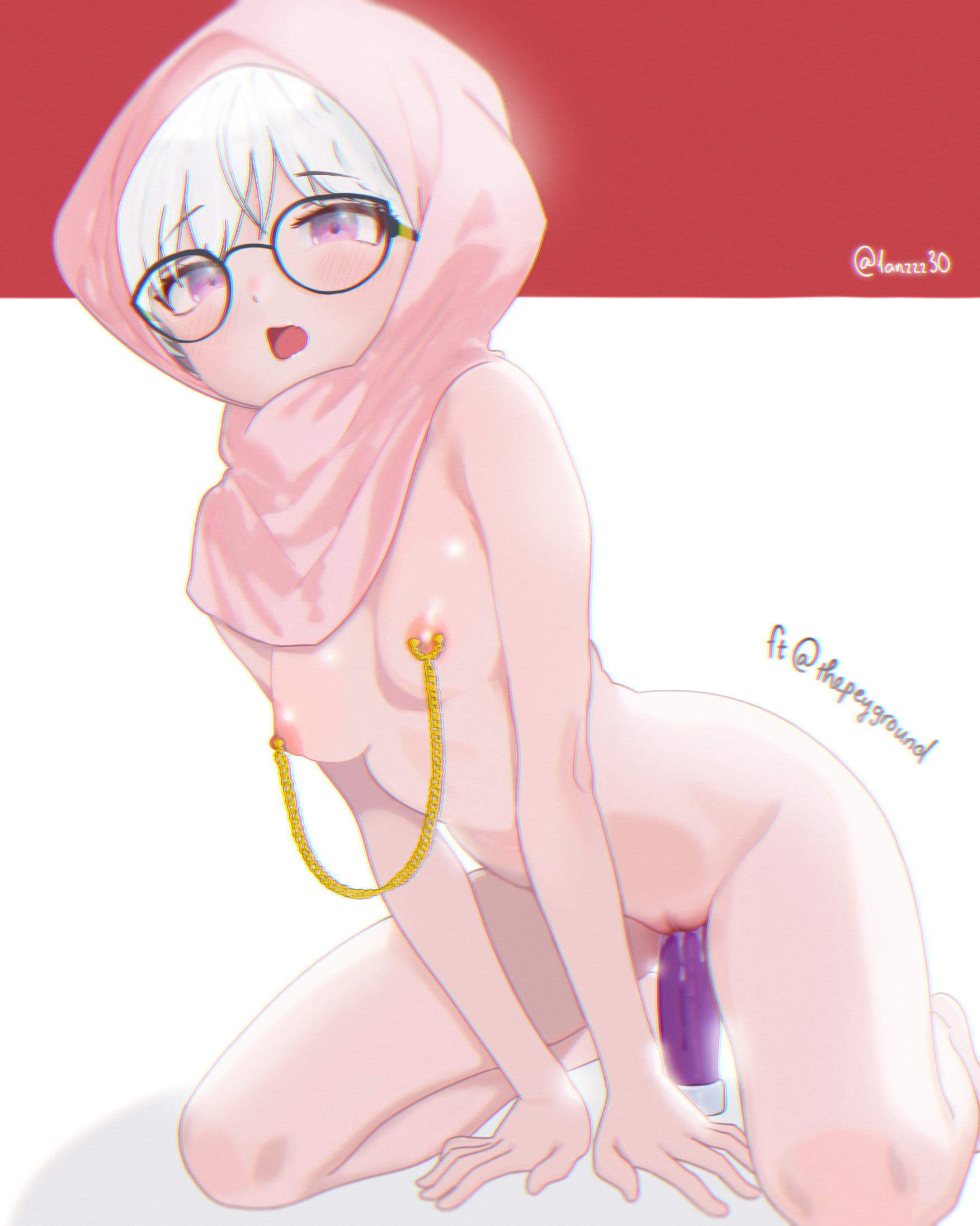 1anzzz30, bending forward, dildo, female, glasses, gold chain, hijab, indonesian, indonesian flag, looking at viewer, moaning, naked, naked female, nipple chain, nipple piercing, pussy, pussy juice, riding dildo, white hair