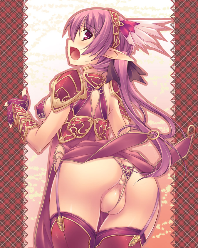 1girls armor between_labia breasts copyright_request elf erect_nipples fat_mons female fingerless_gloves garter_belt gloves innie_pussy long_hair looking_back open_mouth panties pointy_ears purple_hair red_eyes shimakaze sideboob solo thighhighs thong uncensored underwear