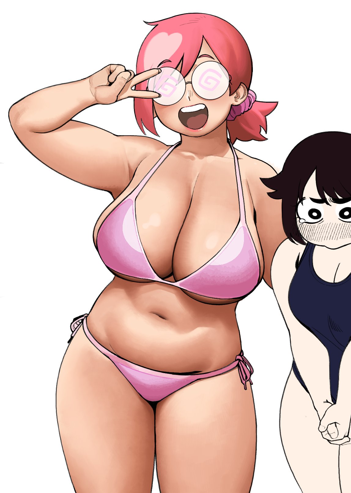 2girls, belly, breasts, chubby, chubby female, cleavage, collarbone, cowboy shot, deep navel, female, glasses, huge breasts, large breasts, pink bikini, pomsky (artist), ponytail, scrunchie, short hair, side tie bikini, smile, smiling at viewer, swirly eyes, thick arms, thick thighs, underboob, v sign