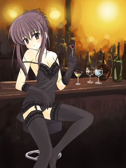 1girls alcohol bar black_legwear black_panties blush breasts chemise chikage_(sister_princess) cleavage garter_straps glass gloves lace leaning_back lingerie off_shoulder panties sister_princess sitting solo tavern thighhighs underwear