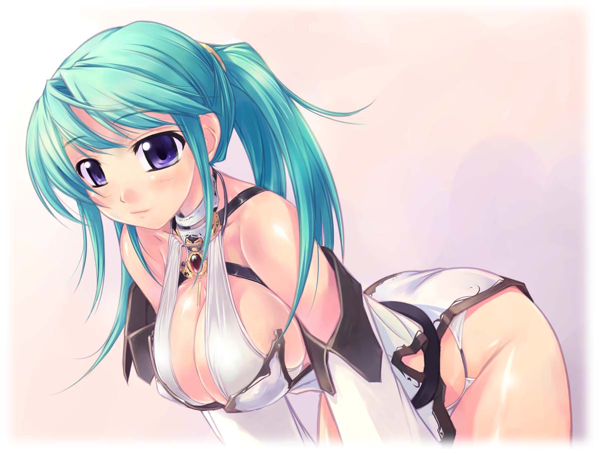 amei_sumeru bb bent_over breasts cleavage cute green_hair large_breasts long_hair panties ponytail purple_eyes smile tied_hair underwear white_panties