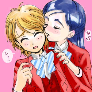 2girls artist_request biting blue_hair blush bowtie clothing ear_biting female futari_wa_precure futari_wa_pretty_cure long_hair lowres misumi_nagisa multiple_girls orange_hair precure pretty_cure school_uniform seifuku serafuku short_hair striped striped_bowtie yukishiro_honoka yuri