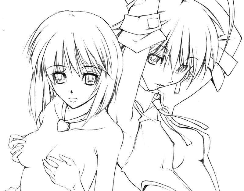 2girls breasts bust cleavage covering covering_breasts cute_&_girly_(idolmaster) female female_only hagiwara_yukiho idolmaster jewelry kikuchi_makoto monochrome nagare_hyougo necklace open_clothes open_shirt shirt topless work_in_progress