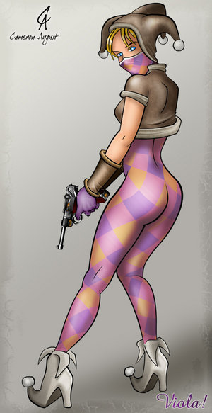 1girls blonde_hair blue_eyes clothed clothed_female female female_only fully_clothed gun harlequin jester pistol skin_tight solo solo_female tight_clothes timesplitters timesplitters:_future_perfect timesplitters_2 viola_(timesplitters) weapon