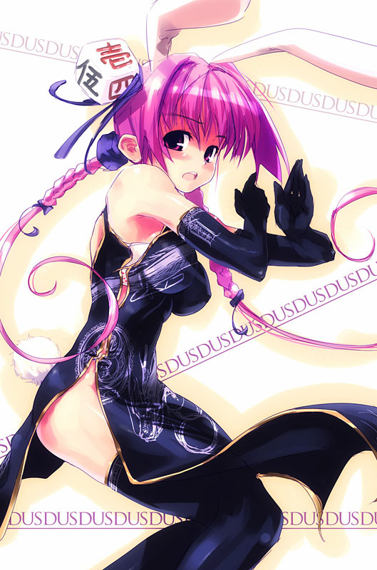 animal_ear braid bunny_ear china_dress chinadress chinese_clothes di_gi_charat elbow_gloves gloves no_panties pose purple_eyes purple_hair refeia solo thighhighs twin_braids usada_hikaru zettai_ryouiki