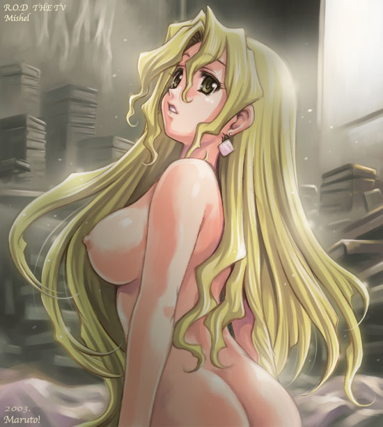 1girls ass blonde_hair book breasts earrings female jewelry long_hair maruto maruto! medium_breasts michelle_cheung nipples nude r.o.d_the_tv read_or_die solo yellow_eyes