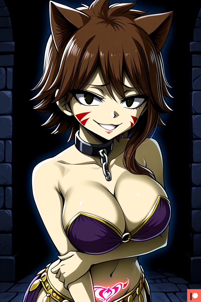 1boy 1girls ai_generated big_breasts brown_eyes brown_hair cat_ears cat_eyes catgirl collar corruption dancer_outfit dark_background dungeon empty_eyes enemy_conversion evil evil_grin evil_smile fairy_tail female half_naked harem_outfit huge_breasts looking_at_viewer midriff millianna omega_weirdo patreon pubic_tattoo short_hair slave_collar slit_pupils smile smiling smiling_at_viewer solo solo_female whisker_markings