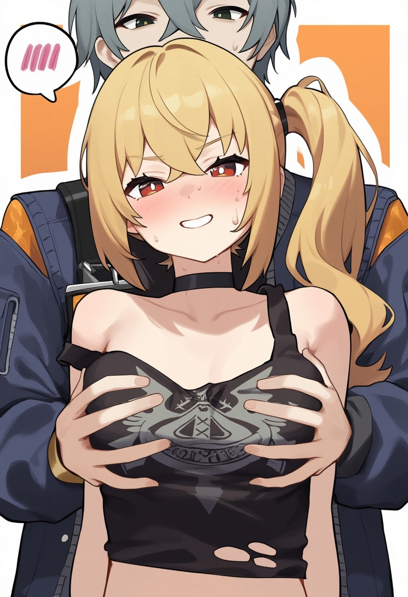 1boy 1girls ai_generated blonde_hair blush breast_grab choker groping_breasts groping_from_behind jacket luciana_de_montefio red_eyes smile tank_top thought_bubble wise_(zenless_zone_zero) zenless_zone_zero