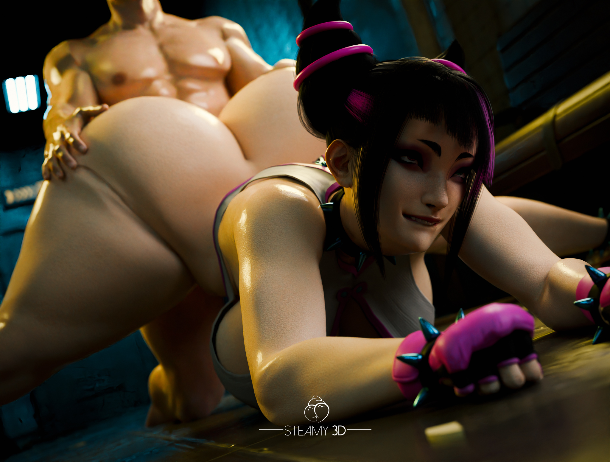 1boy, 1girls, 3d, big ass, dat ass, fat ass, hands on ass, huge ass, juri han, light-skinned female, light-skinned male, lip biting, steamy3d, street fighter, street fighter 6, thick ass